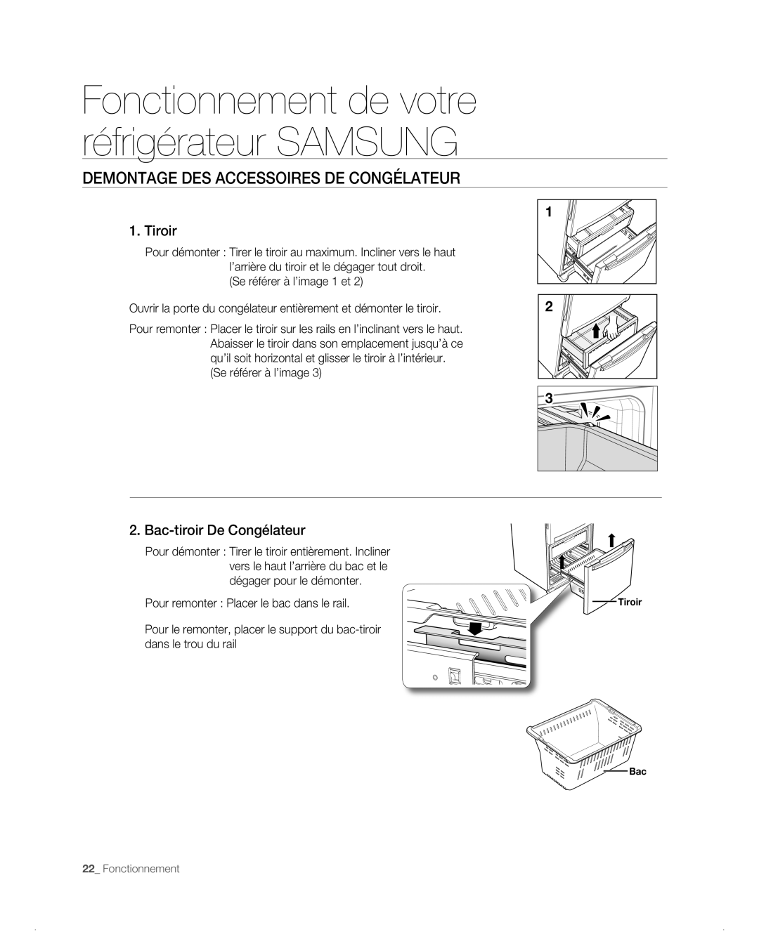Samsung RB214AB, RB194AB manual Demontage Des Accessoires De Congélateur, Tiroir, Bac-tiroir De Congélateur, Fonctionnement 