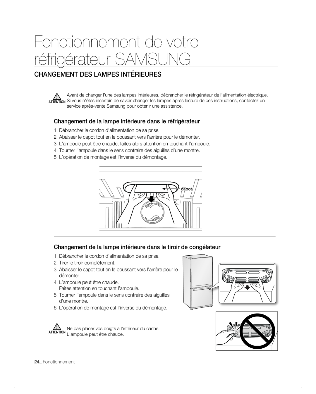 Samsung RB194AB, RB216AB manual Changement Des Lampes Intérieures, Changement de la lampe intérieure dans le réfrigérateur 