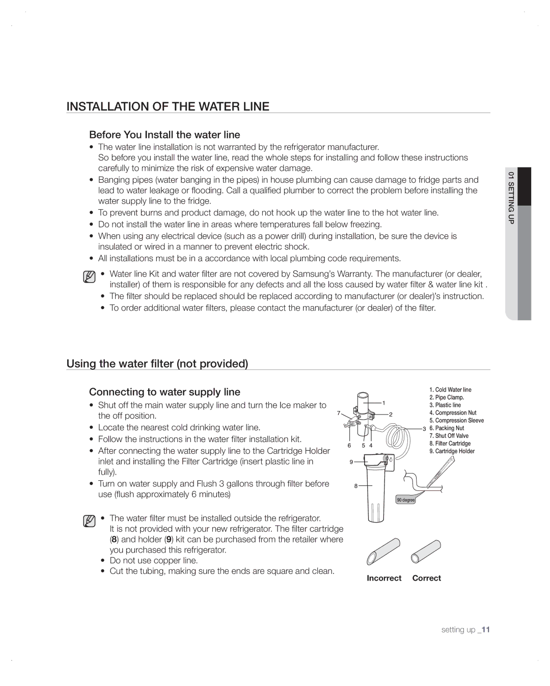 Samsung RB215, RB195 Installation of the water line, Before You Install the water line, Connecting to water supply line 