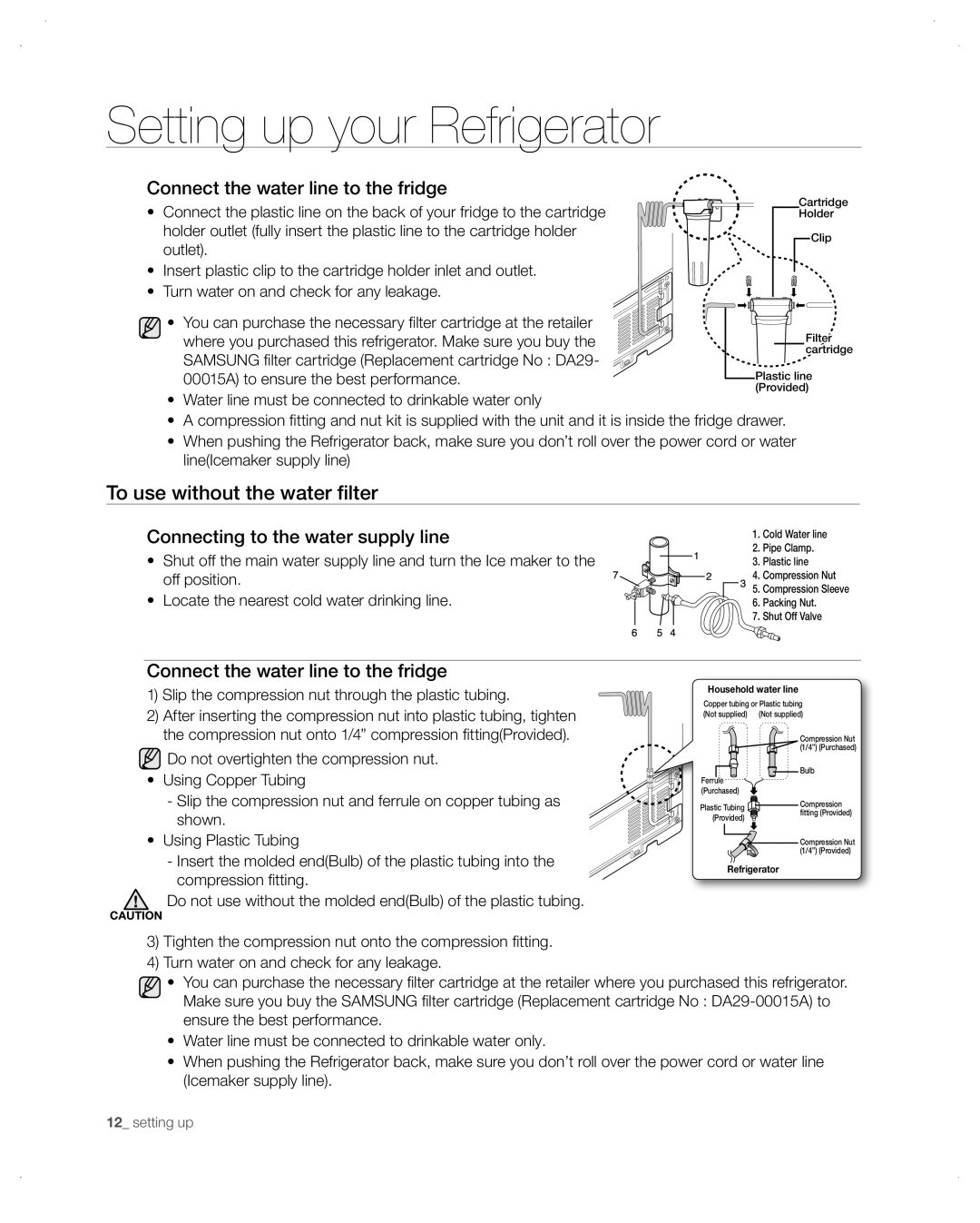 Samsung RB197, RB195, RB215ACPN, RB215ACBP Connect the water line to the fridge, Connecting to the water supply line 