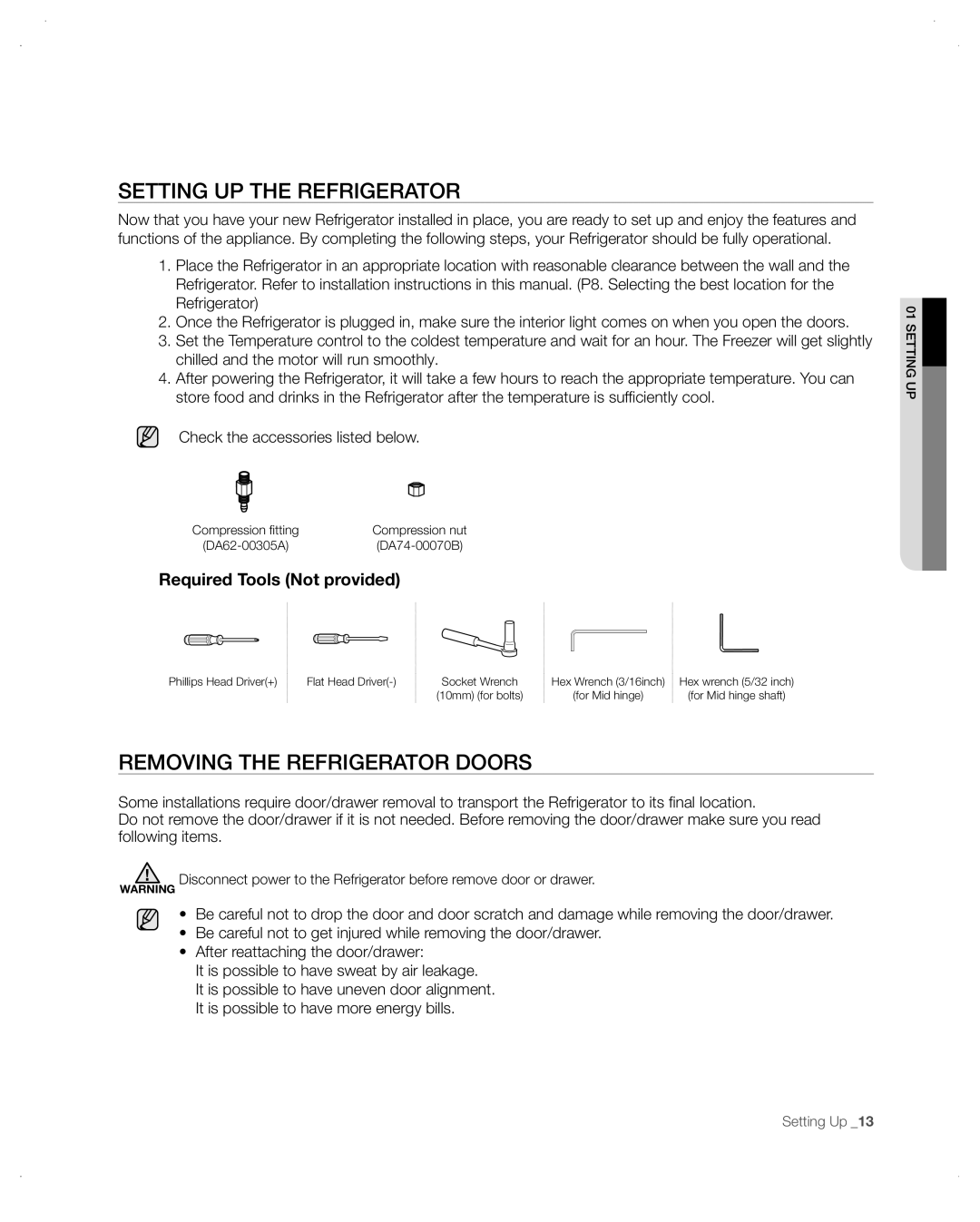 Samsung RB215ACPN, RB195, RB197, RB215ACBP, RB215ACWP, RB217 Setting uP tHe ReFRigeRAtoR, Removing the refrigerator doors 