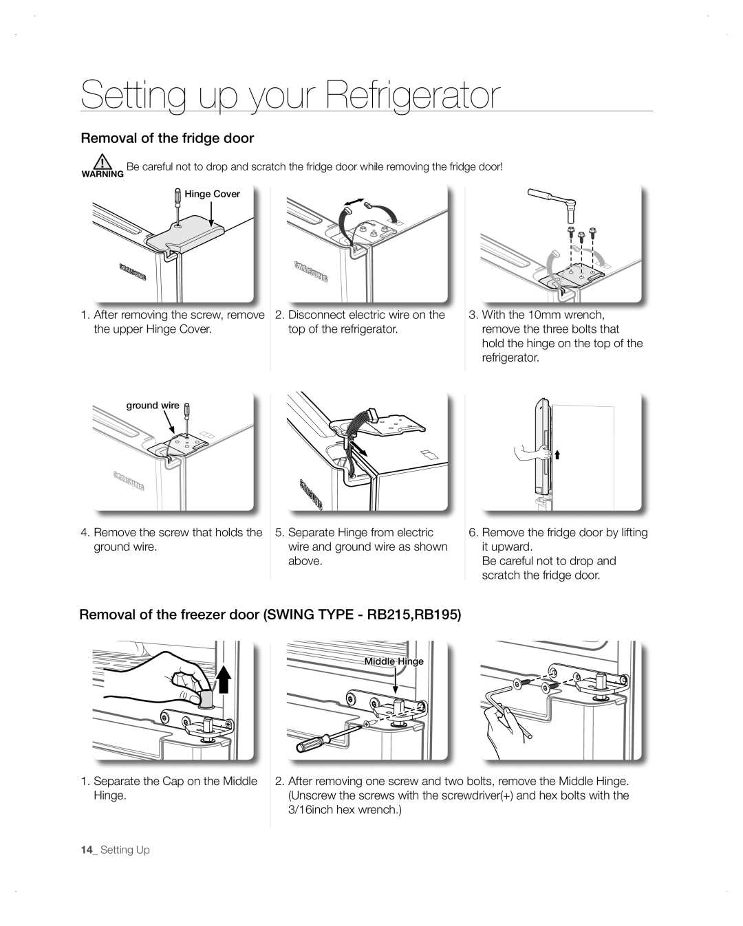 Samsung RB215ACBP, RB197, RB215ACPN, RB217 Removal of the fridge door, Removal of the freezer door Swing Type RB215,RB195 