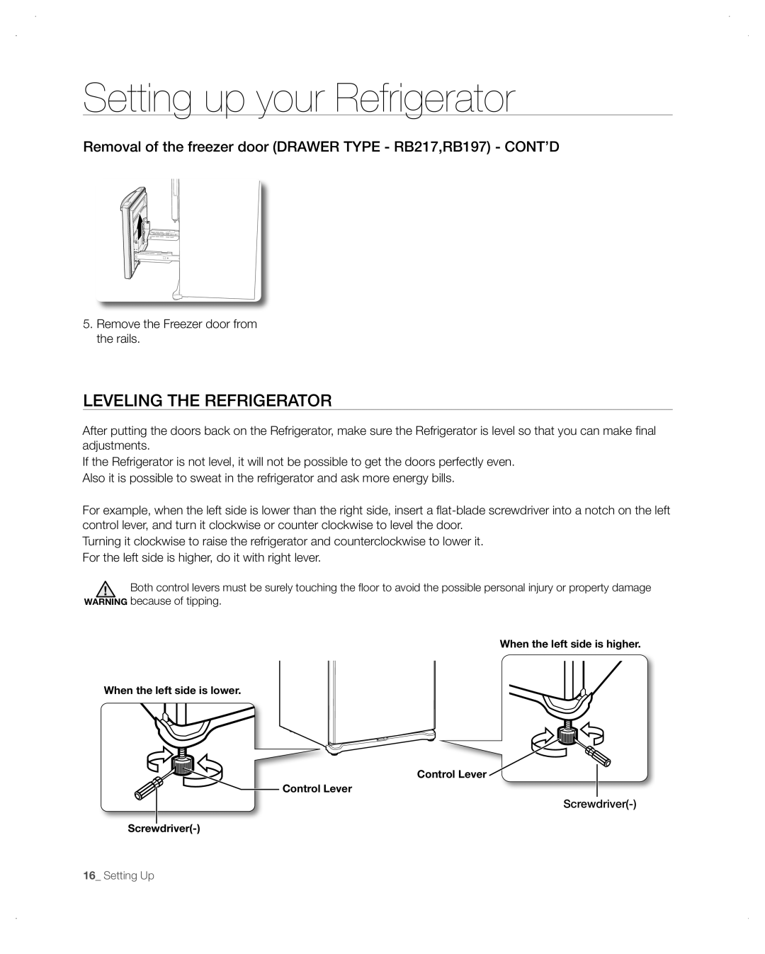 Samsung RB195, RB215ACPN Leveling the refrigerator, Removal of the freezer door Drawer Type RB217,RB197 CONT’D 