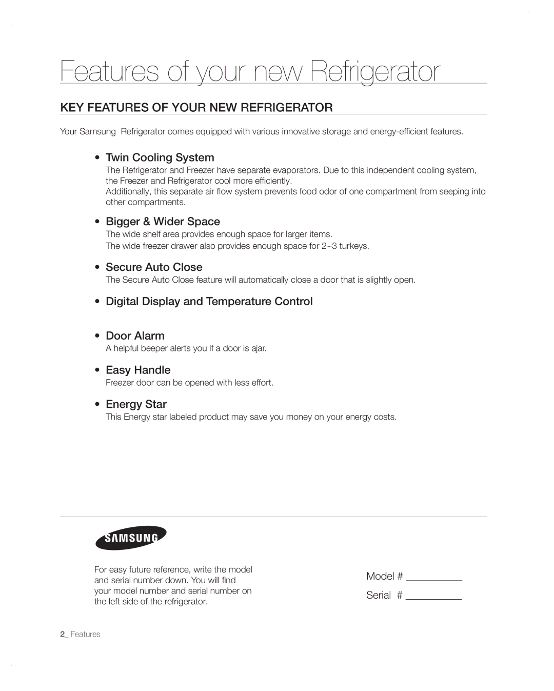 Samsung RB197, RB195, RB215 Features of your new Refrigerator, Key features of your new refrigerator, Model # Serial # 