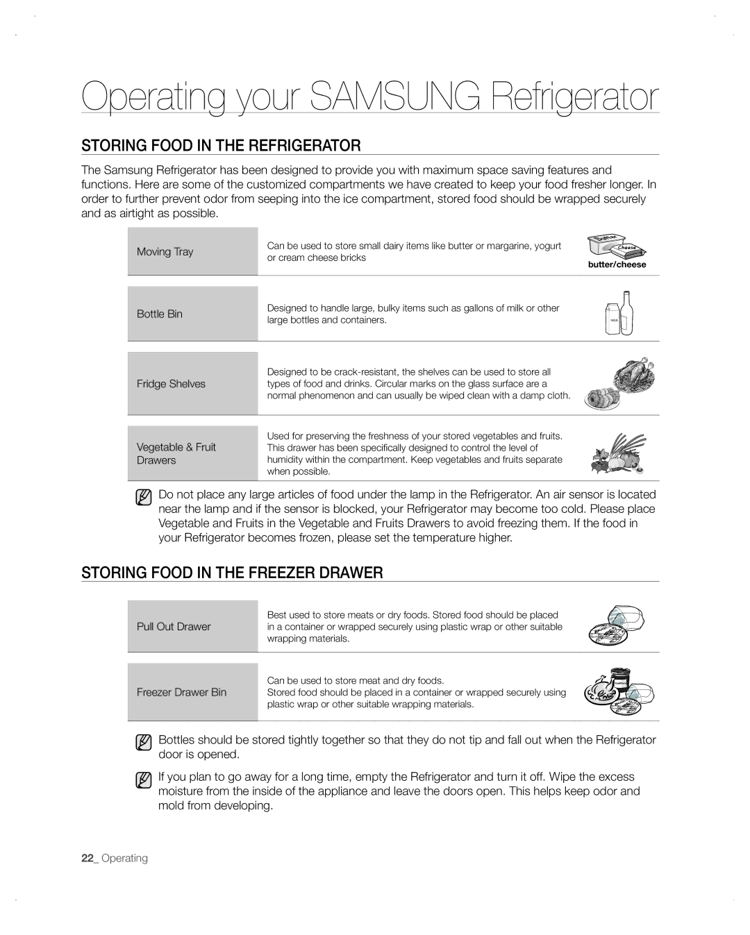 Samsung RB197, RB195, RB215ACPN, RB215ACBP, RB215ACWP Storing Food in the Refrigerator, Storing Food in the Freezer Drawer 