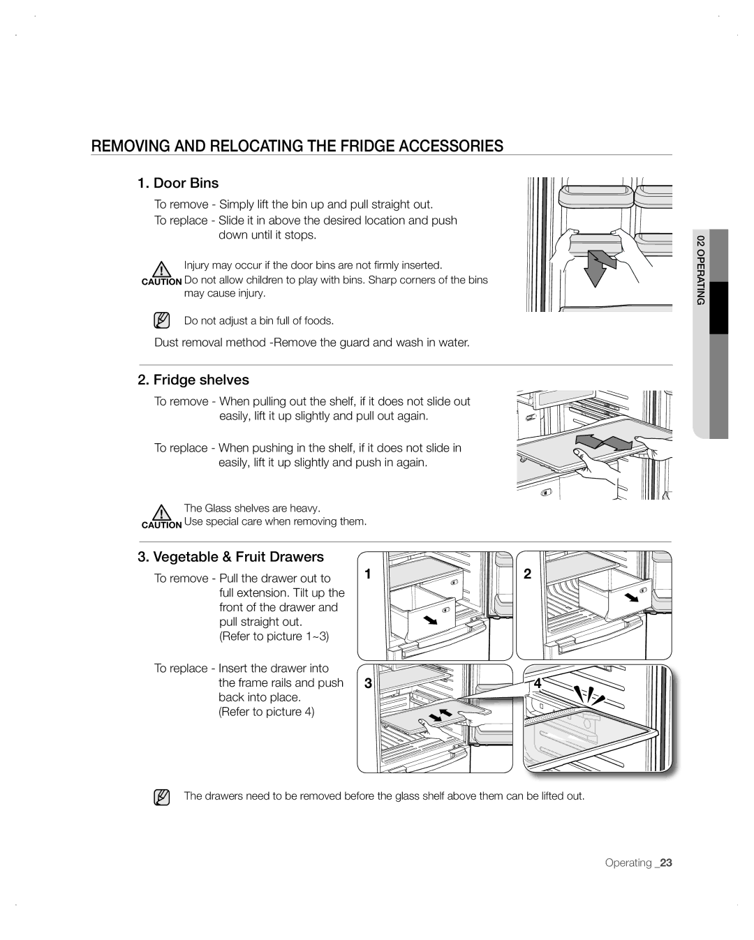 Samsung RB215ACPN Removing and relocating the fridge accessories, Door Bins, Fridge shelves, Vegetable & Fruit Drawers 