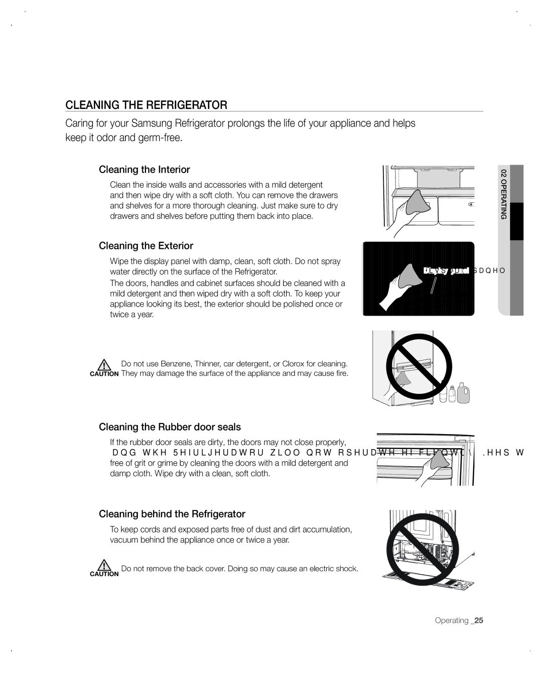 Samsung RB215ACWP CLEAninG tHE REFRiGERAtoR, Cleaning the Interior, Cleaning the Exterior, Cleaning the Rubber door seals 