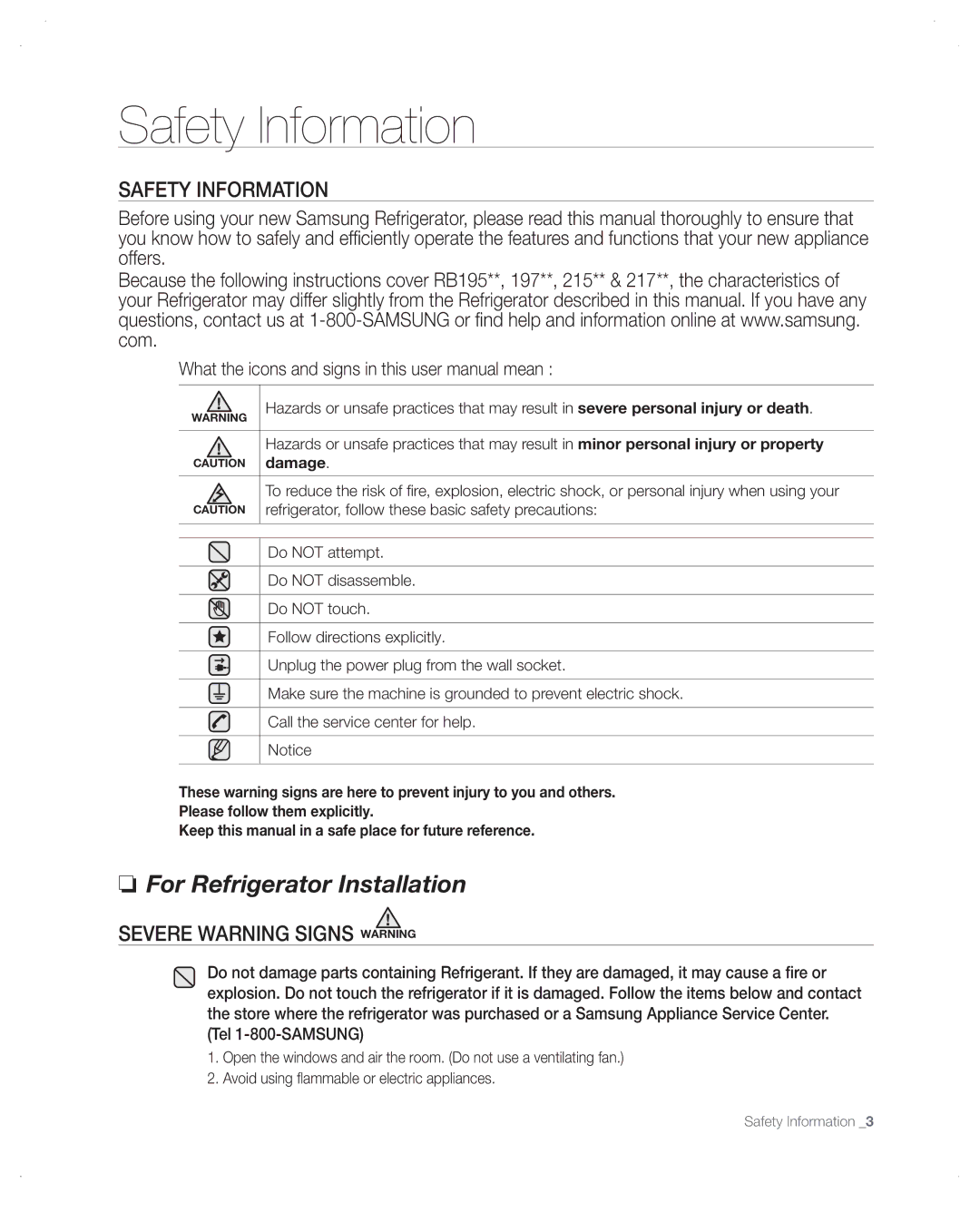 Samsung RB215ACPN, RB197, RB215ACBP, RB215ACWP, RB217, RB195ACPN, RB195ACWP Safety Information, Severe Warning Signs Warning 