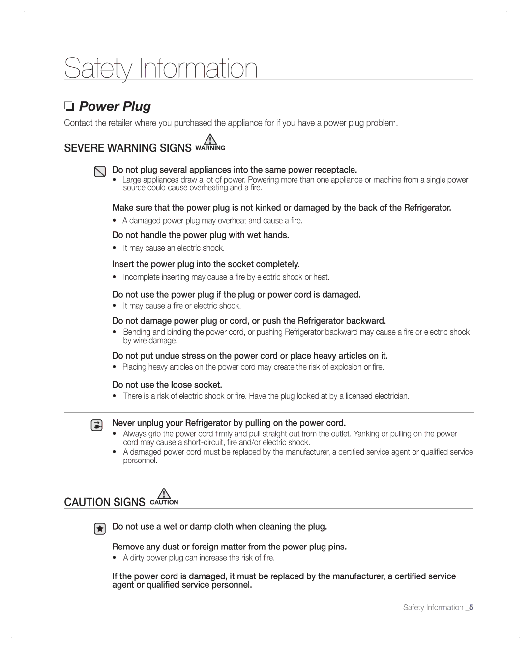 Samsung RB215ACWP, RB195 Do not handle the power plug with wet hands, Insert the power plug into the socket completely 