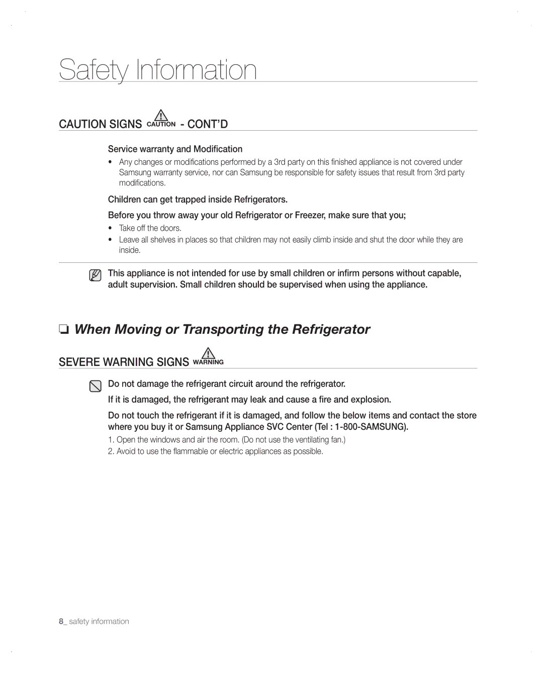 Samsung RB195ACWP, RB197, RB215ACPN When Moving or Transporting the Refrigerator, Service warranty and Modification 