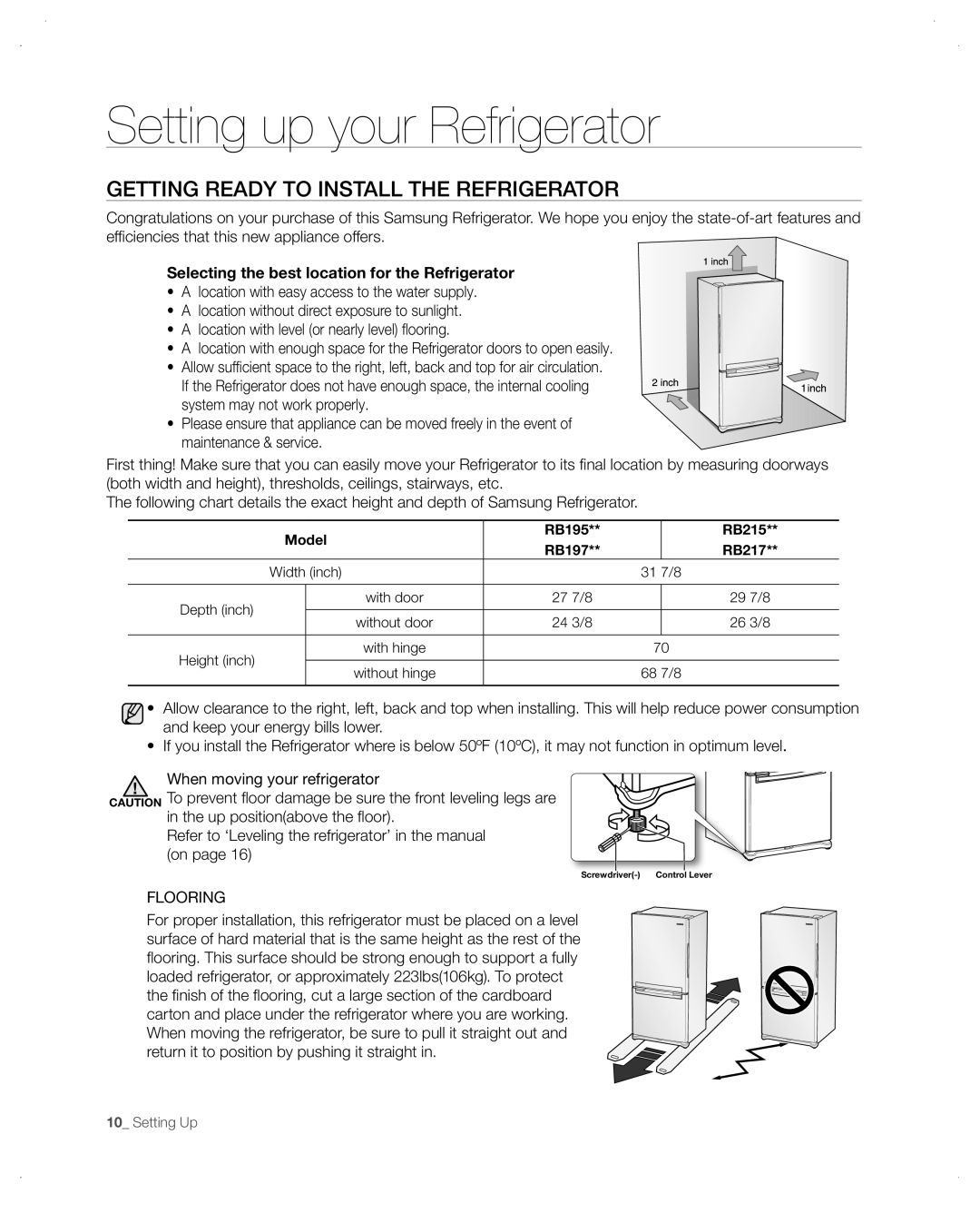 Samsung RB195, RB197, RB215ACPN, RB215ACBP, RB217 Setting up your Refrigerator, GEttinG READy to instALL tHE REFRiGERAtoR 