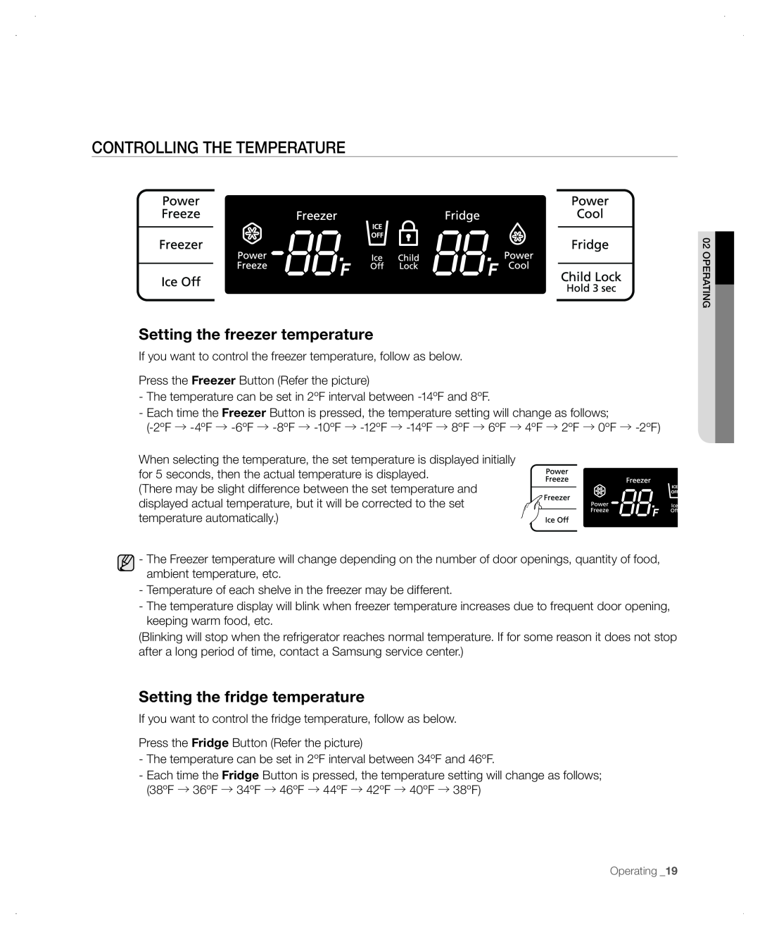 Samsung RB195ACBP, RB215 Controlling the temperature, Setting the freezer temperature, Setting the fridge temperature 