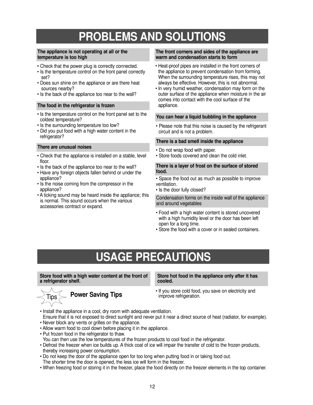 Samsung RB1955SW, RB1955SH, RB1944SL, RB2155SW, RB2155BB, RB2155SH, RB1955VQ Problems and Solutions, Usage Precautions 