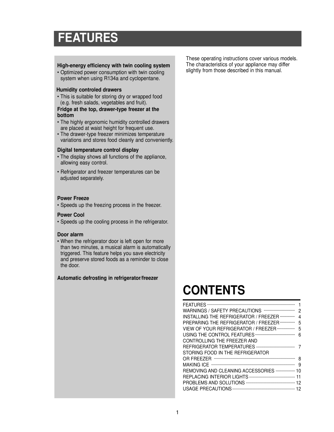 Samsung RB2155SW, RB1955SH, RB1944SL, RB2155BB, RB2155SH, RB1955VQ, RB1955SW owner manual Features, Contents 