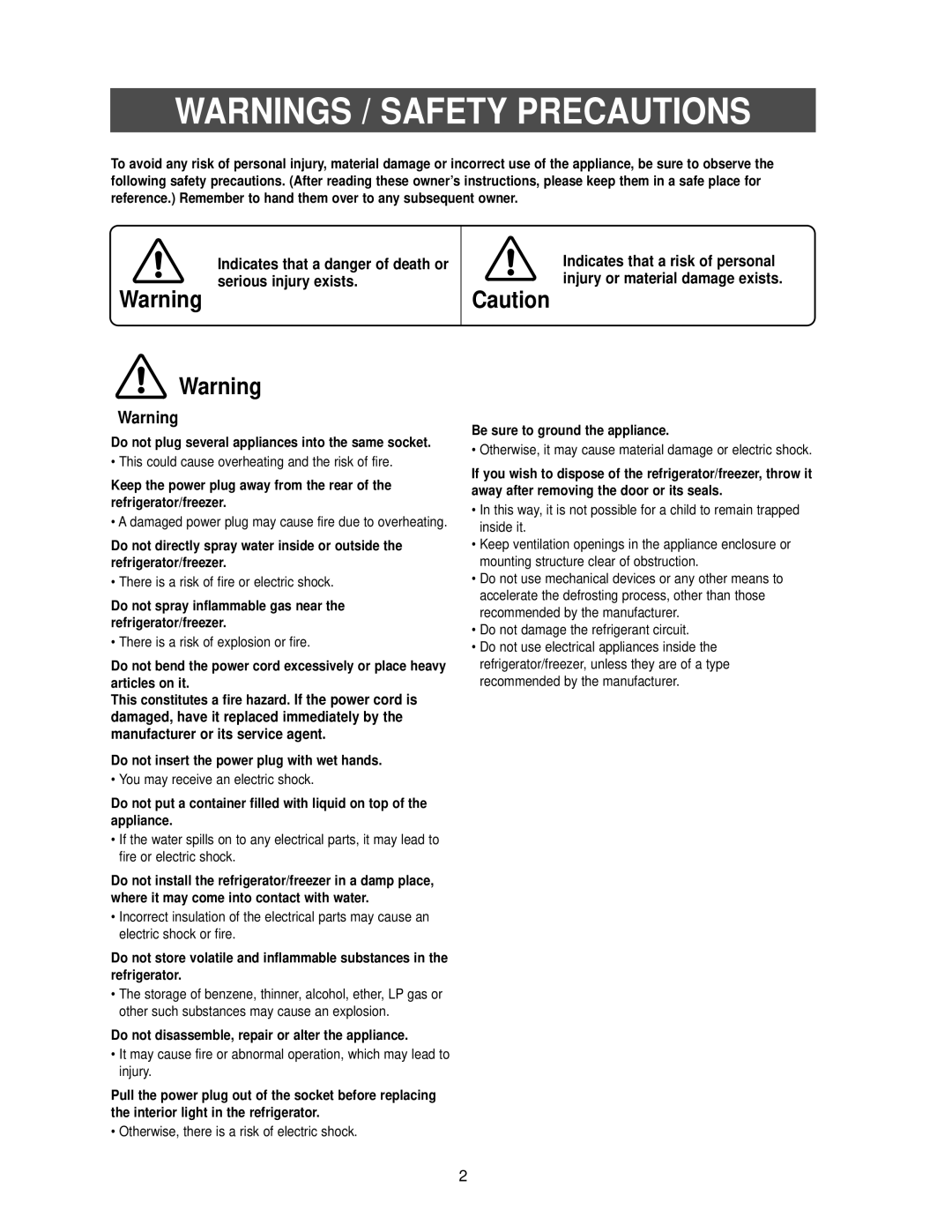 Samsung RB2155BB Indicates that a danger of death or serious injury exists, Do not insert the power plug with wet hands 