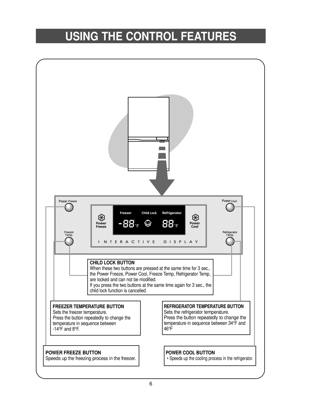 Samsung RB1955SH, RB1944SL, RB2155SW Using the Control Features, Freezer Temperature Button Sets the freezer temperature 