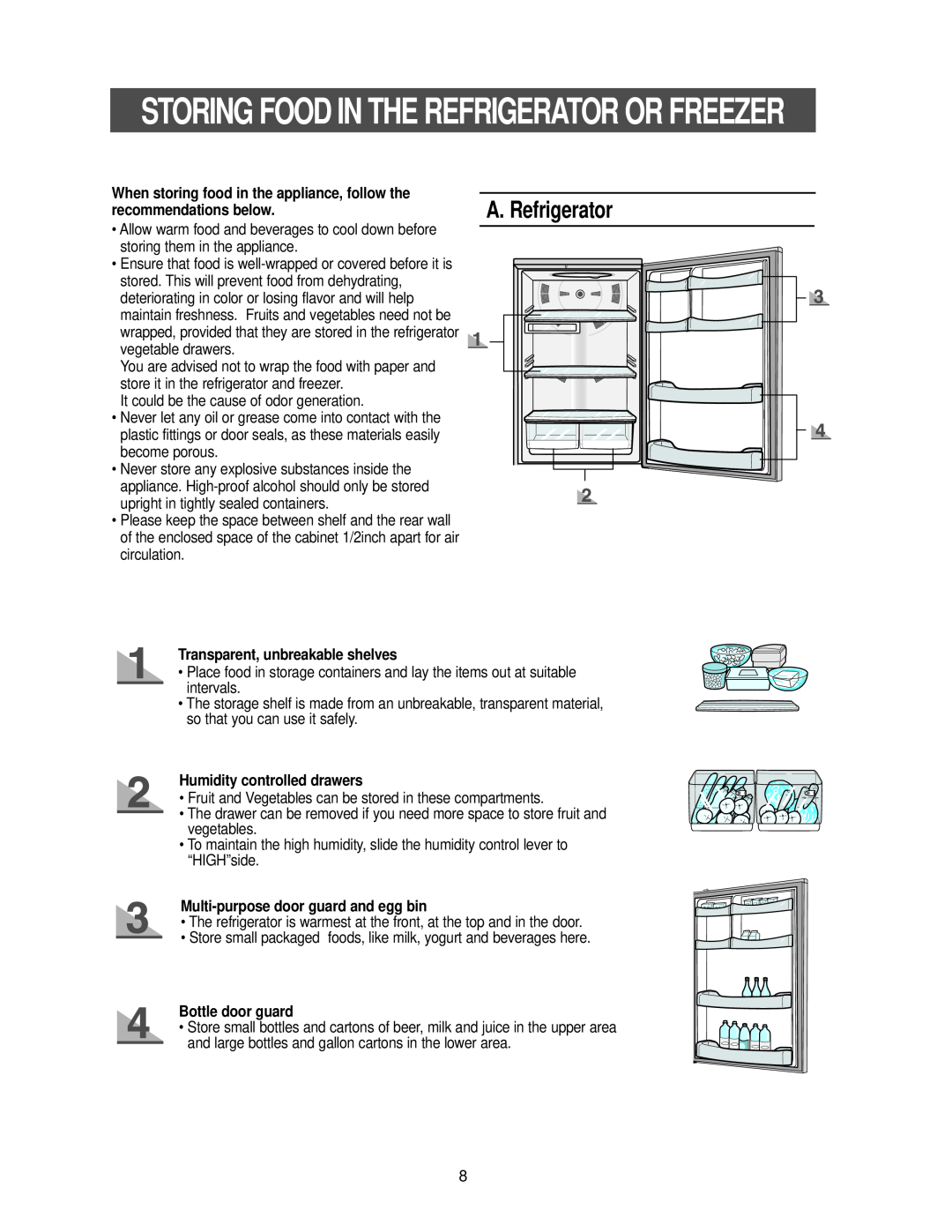 Samsung RB2155SW A. Refrigerator, When storing food in the appliance, follow the recommendations below, Bottle door guard 