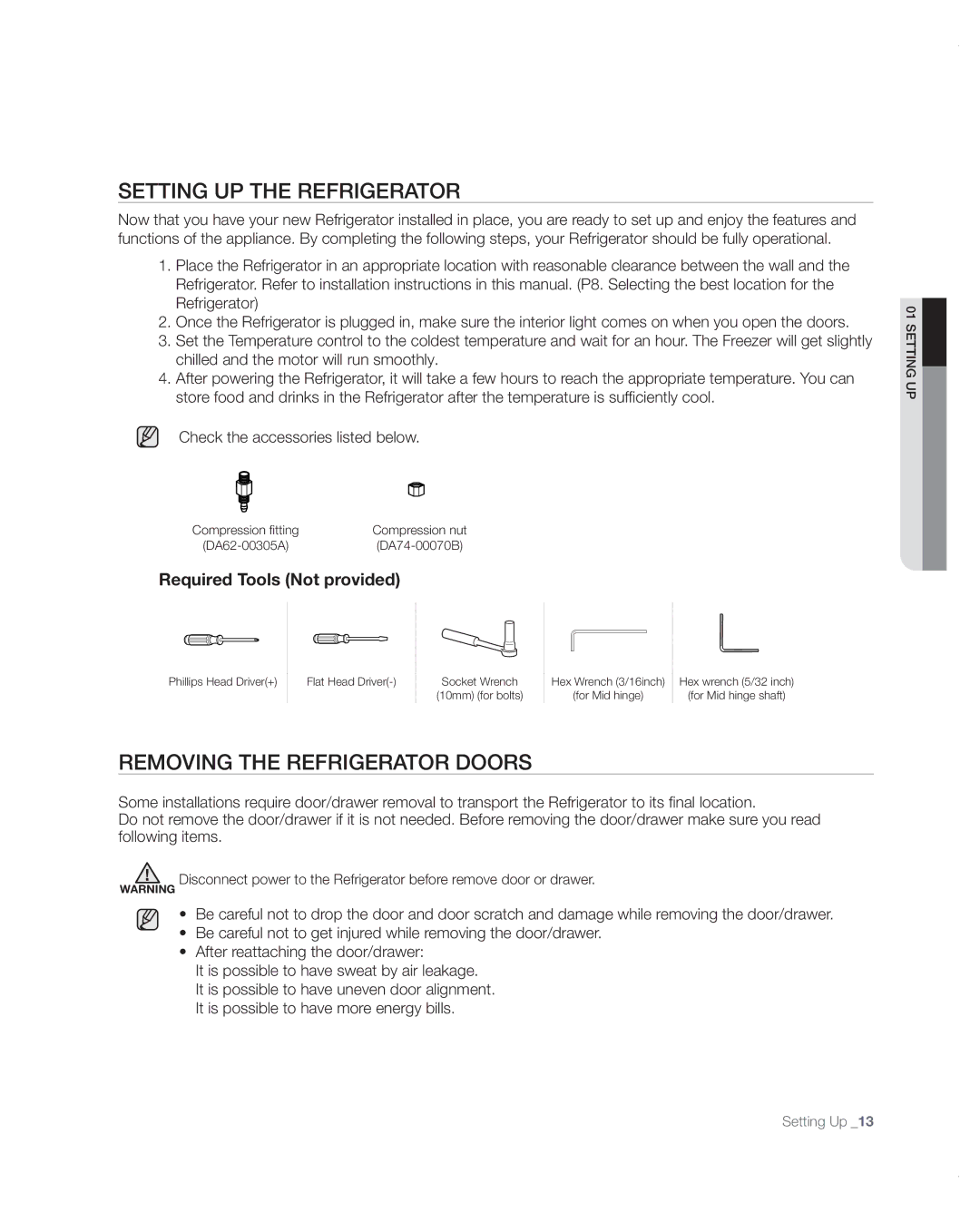 Samsung RB197ABBP user manual Setting uP tHe ReFRigeRAtoR, Removing the refrigerator doors 