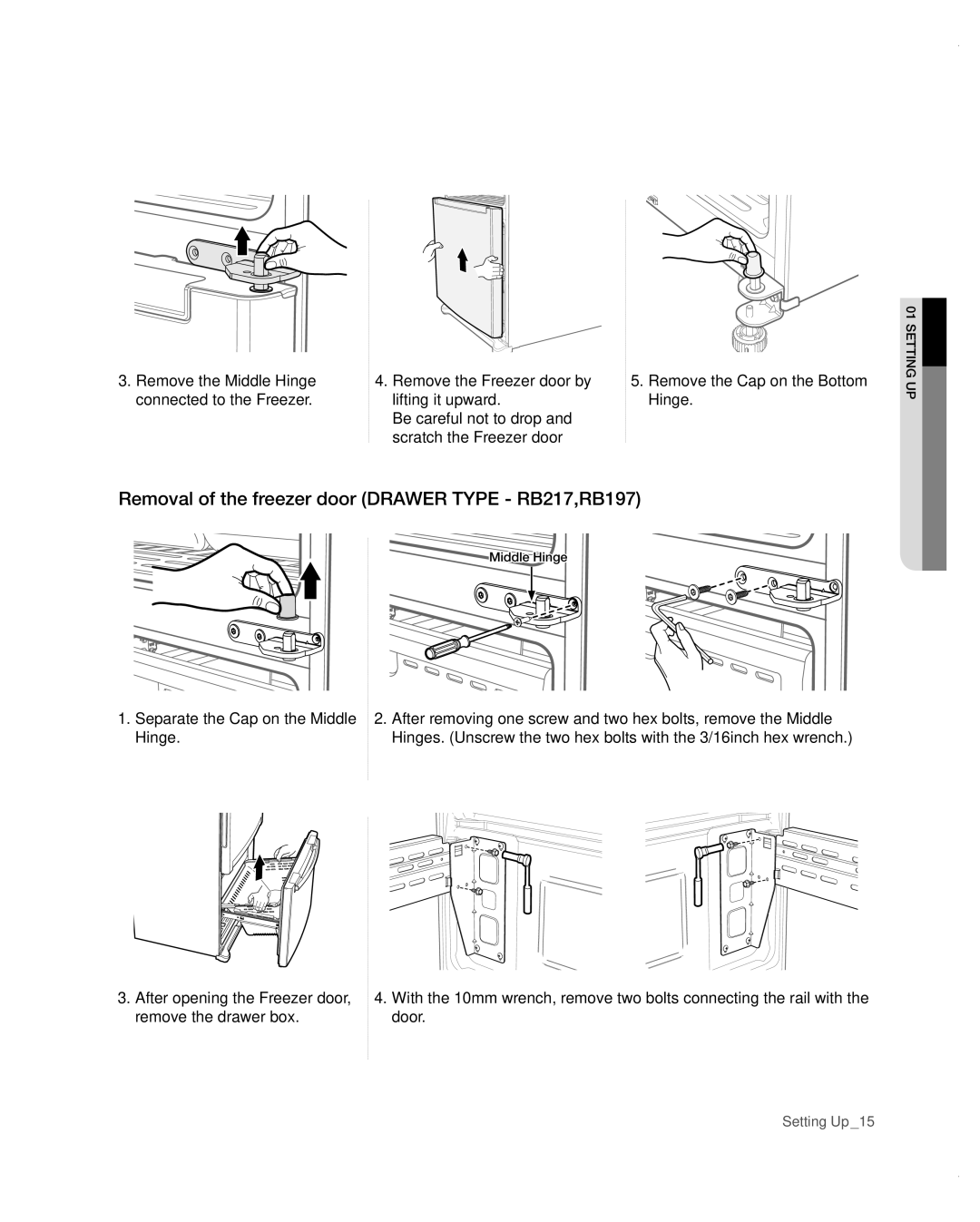 Samsung RB197ABBP user manual Removal of the freezer door Drawer Type RB217,RB197, Separate the Cap on the Middle Hinge 