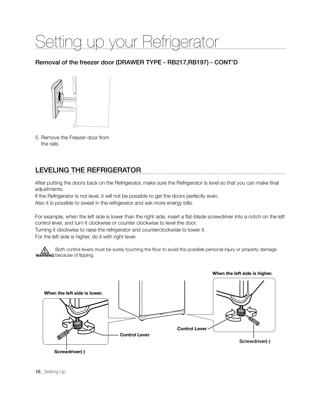 Samsung RB197ABBP user manual Leveling the refrigerator, Removal of the freezer door Drawer Type RB217,RB197 CONT’D 