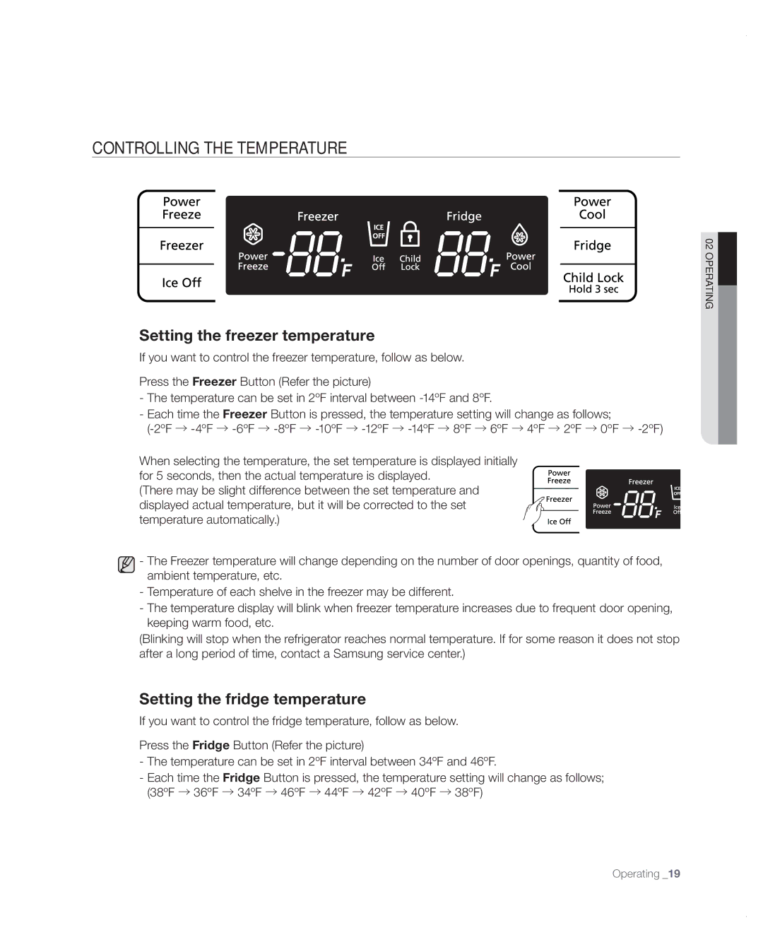 Samsung RB197ABBP user manual Controlling the temperature, Setting the freezer temperature 