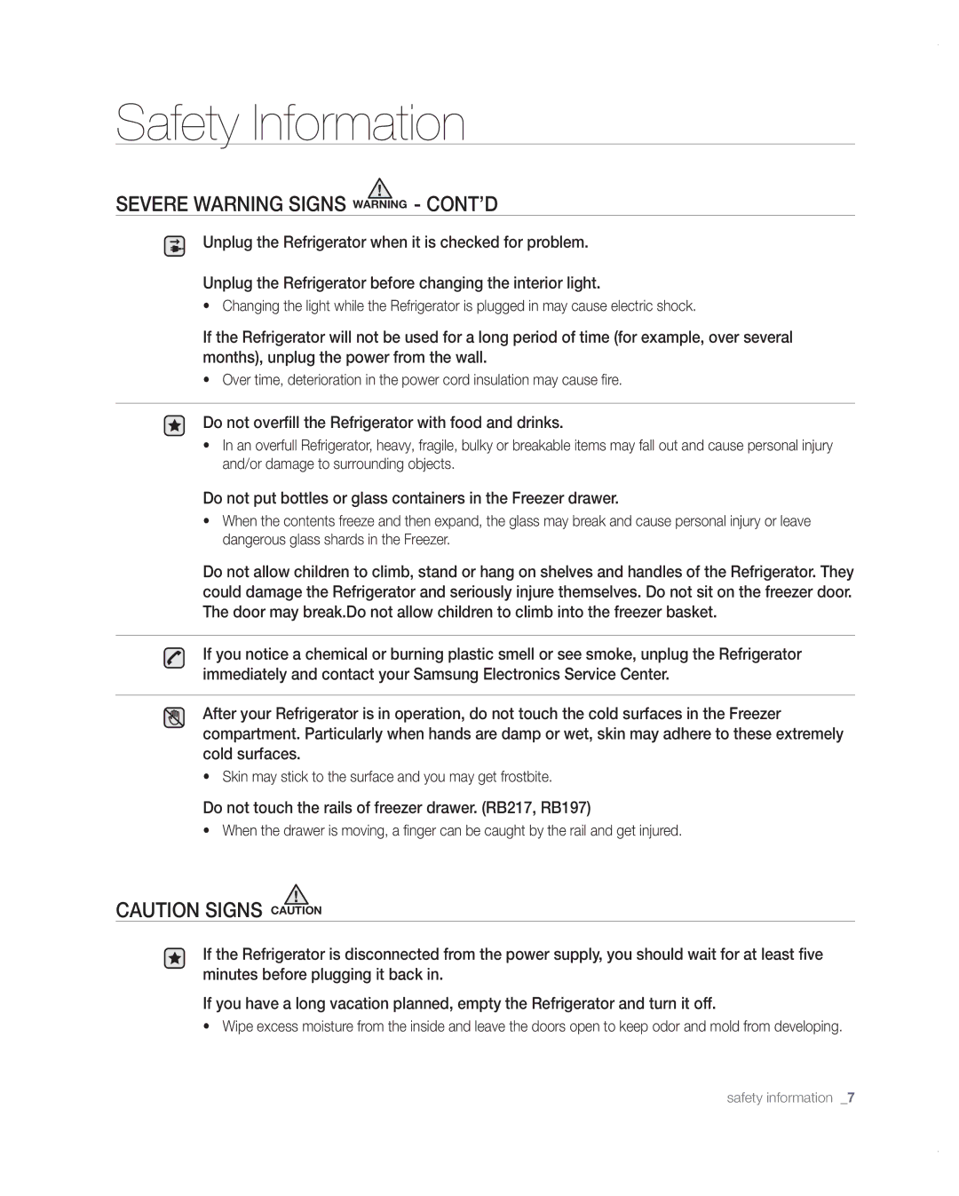 Samsung RB197ABBP user manual Do not overfill the Refrigerator with food and drinks 