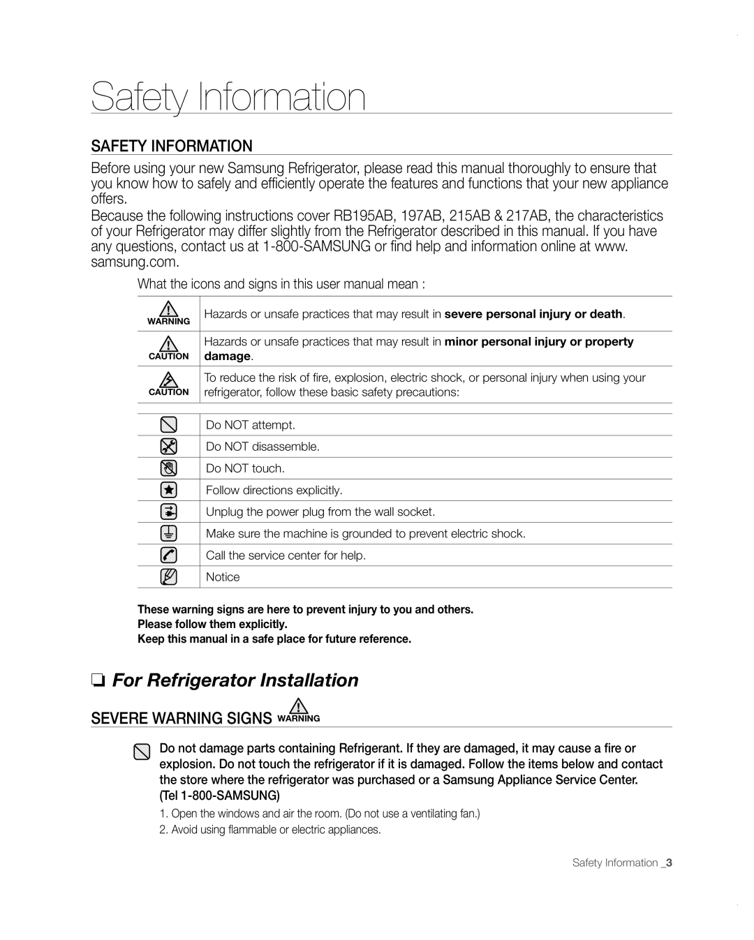 Samsung RB197ABBP user manual Safety Information, For Refrigerator Installation, Severe Warning Signs Warning 