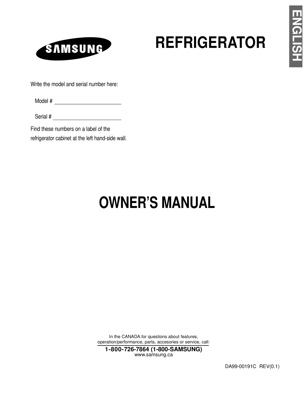 Samsung RB2055SL owner manual Refrigerator 