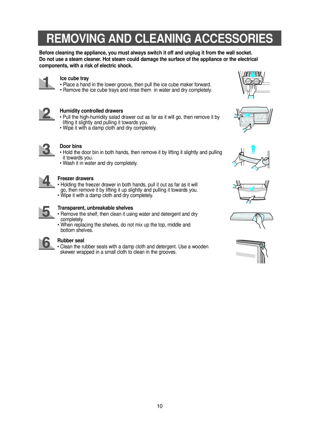 Samsung RB2055SL owner manual Removing and Cleaning Accessories, Door bins, Freezer drawers, Rubber seal 