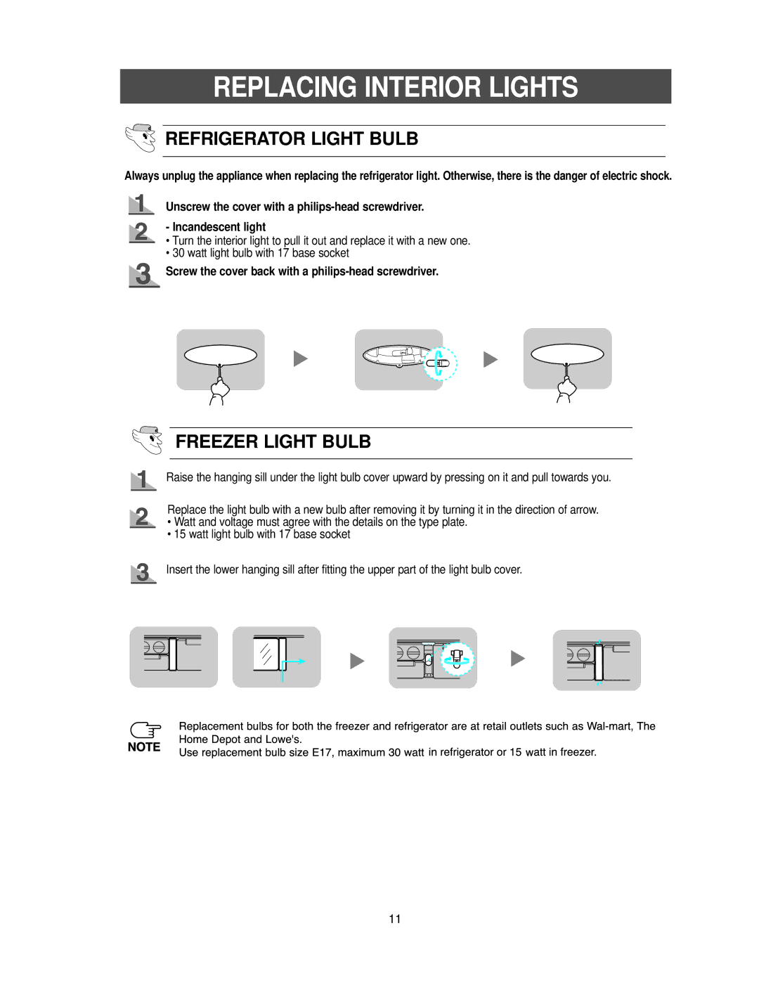 Samsung RB2055SL owner manual Replacing Interior Lights, Screw the cover back with a philips-head screwdriver 