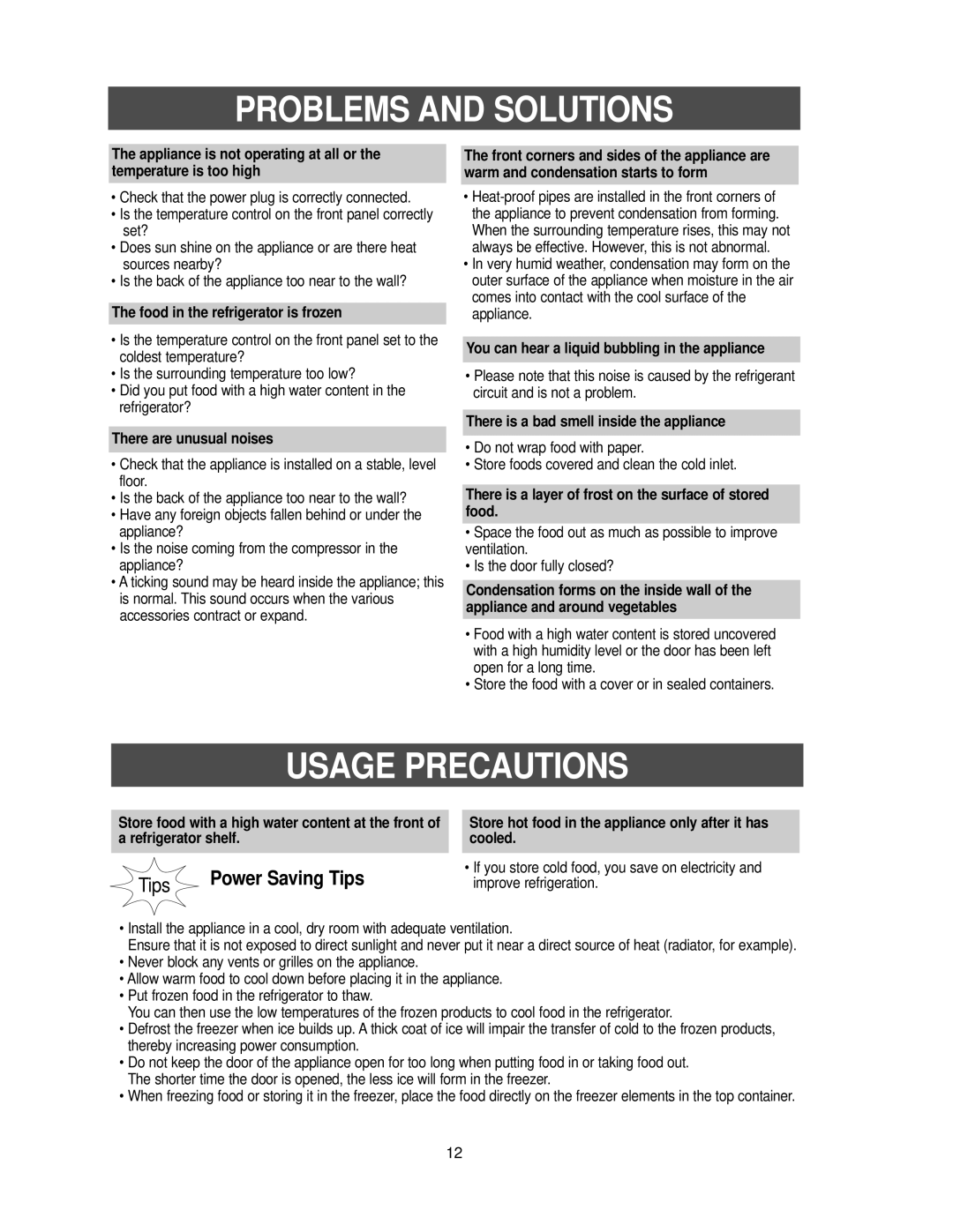 Samsung RB2055SL owner manual Problems and Solutions, Usage Precautions 