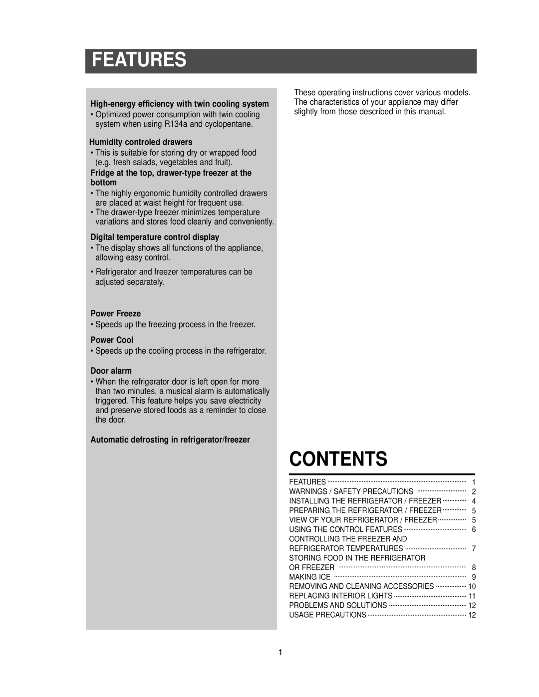 Samsung RB2055SL owner manual Features, Contents 