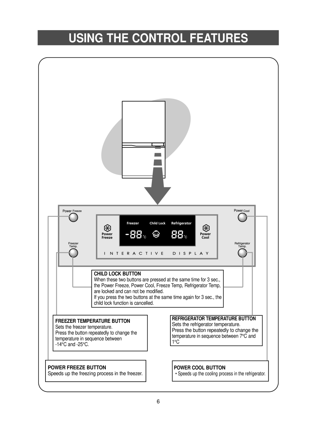 Samsung RB2055SL owner manual Using the Control Features, Freezer Temperature Button Sets the freezer temperature 