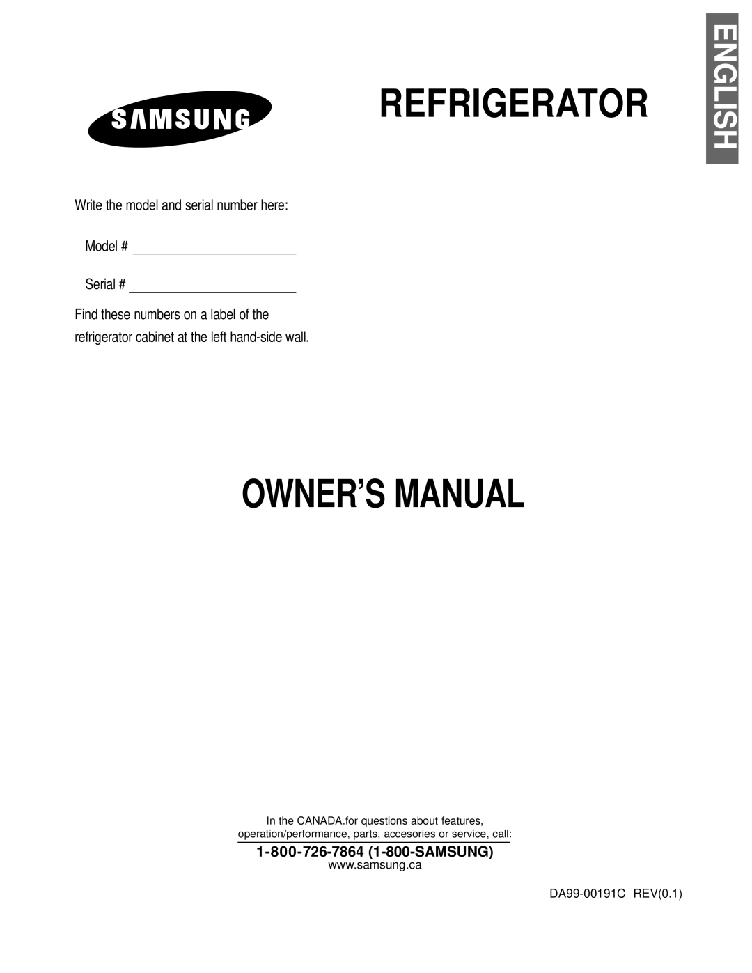 Samsung RB2055SL owner manual Write the model and serial number here Model # Serial #, Refrigerator, Owner’S Manual 