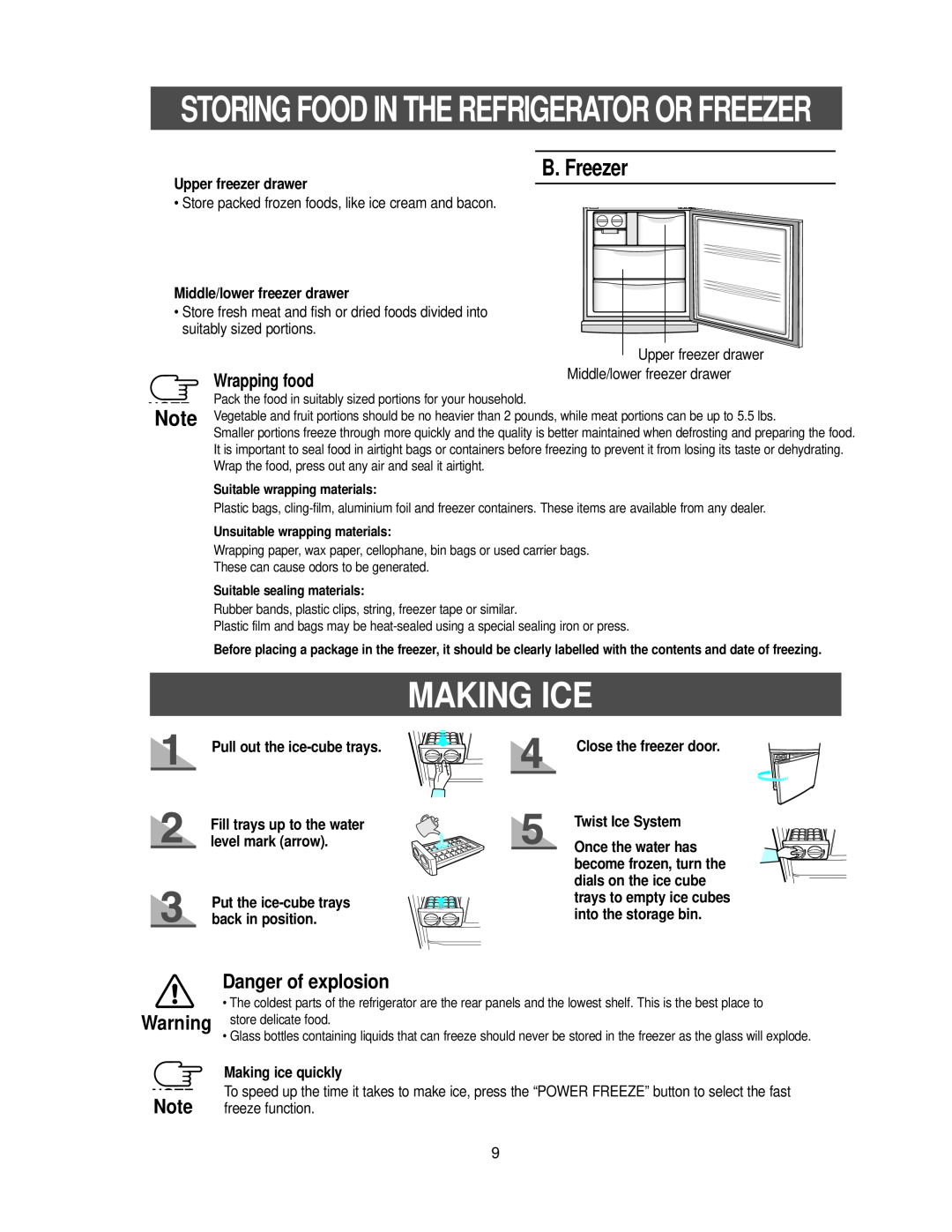 Samsung RB2055SL Making Ice, B. Freezer, Danger of explosion, Wrapping food, Upper freezer drawer, Making ice quickly 