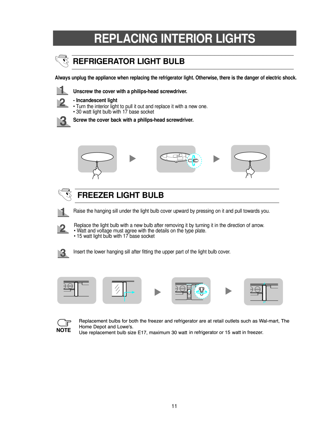 Samsung RB2055SL owner manual Replacing Interior Lights, Refrigerator Light Bulb, Freezer Light Bulb 