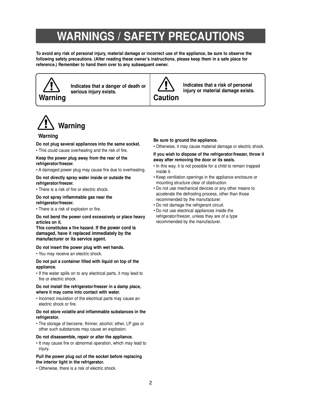 Samsung RB2055SL owner manual Warnings / Safety Precautions, Indicates that a danger of death or serious injury exists 