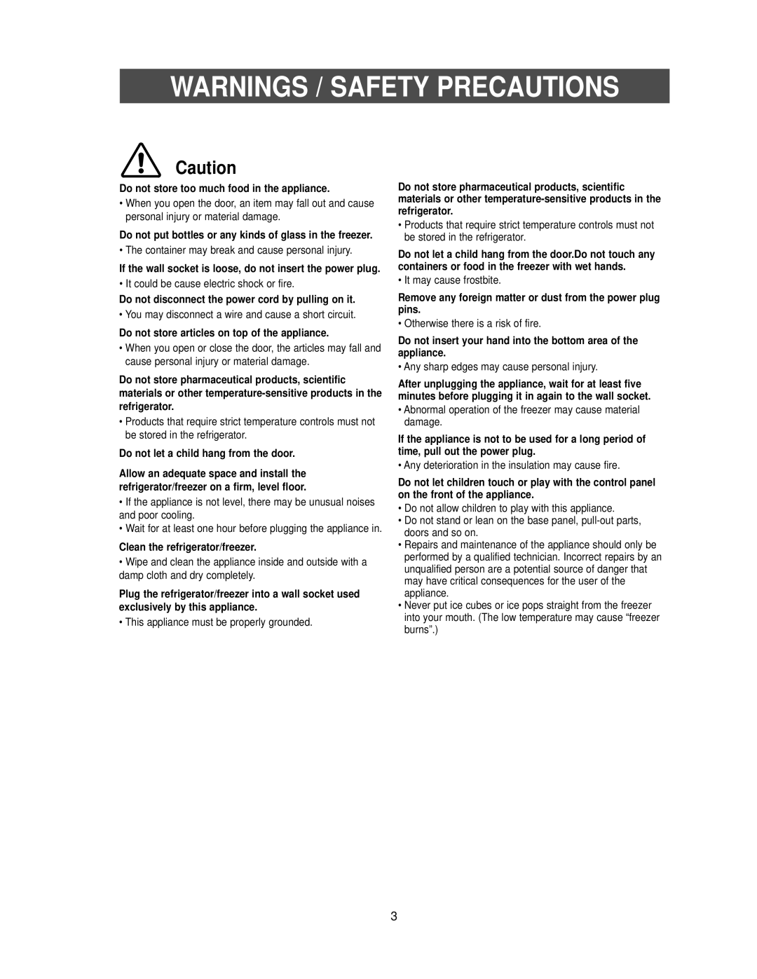 Samsung RB2055SL owner manual Warnings / Safety Precautions, Wait for at least one hour before plugging the appliance in 