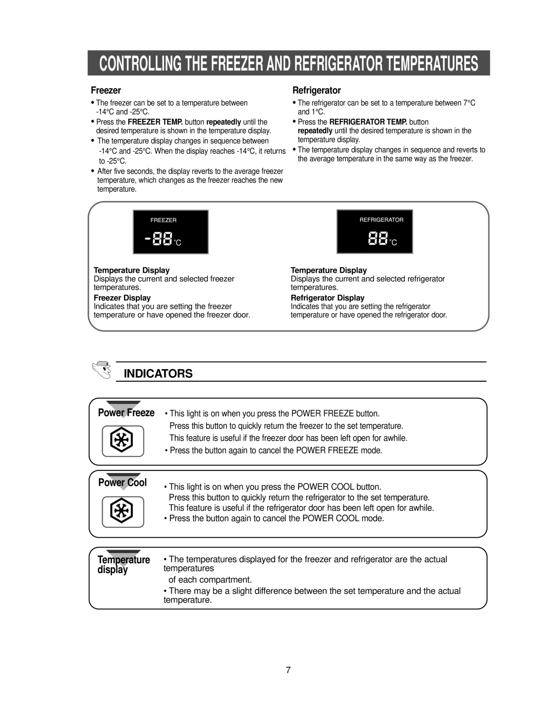 Samsung RB2055SL owner manual Indicators, Power Cool, Controlling The Freezer And Refrigerator Temperatures 