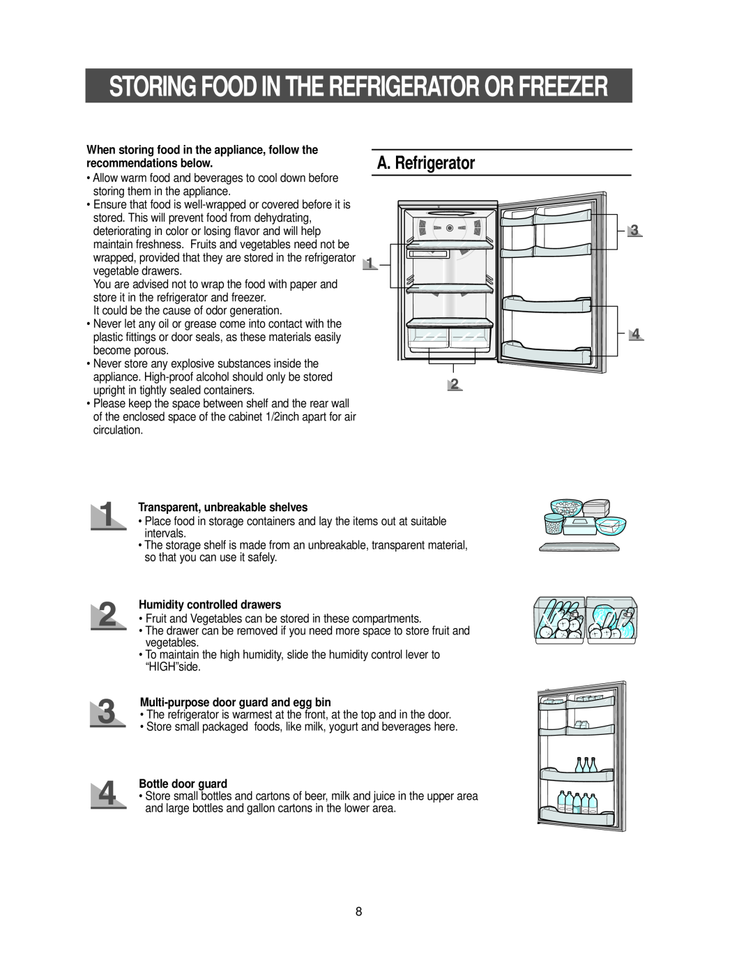 Samsung RB2055SL A. Refrigerator, When storing food in the appliance, follow the recommendations below, Bottle door guard 