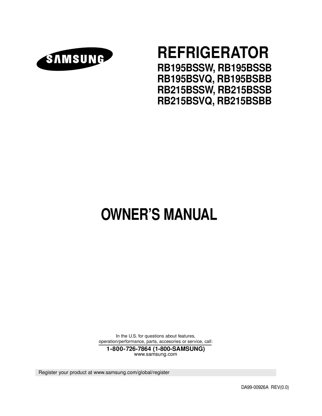 Samsung RB215BSSW owner manual Refrigerator, DA99-00926A REV0.0 