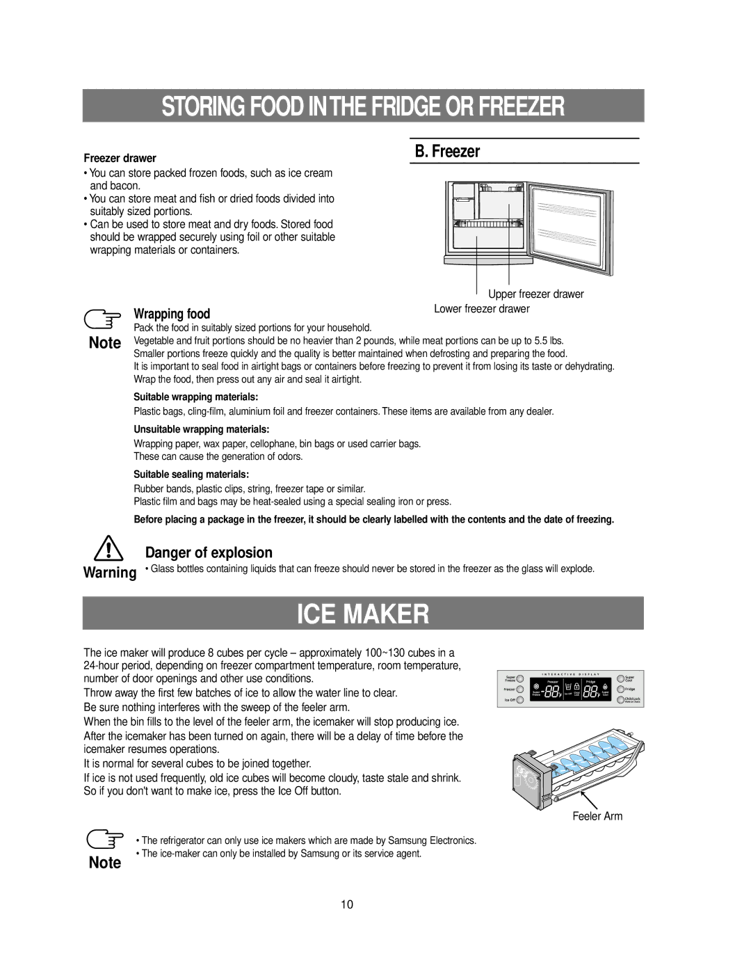 Samsung RB215BSSW owner manual ICE Maker, Freezer drawer, Upper freezer drawer, Lower freezer drawer, Feeler Arm 