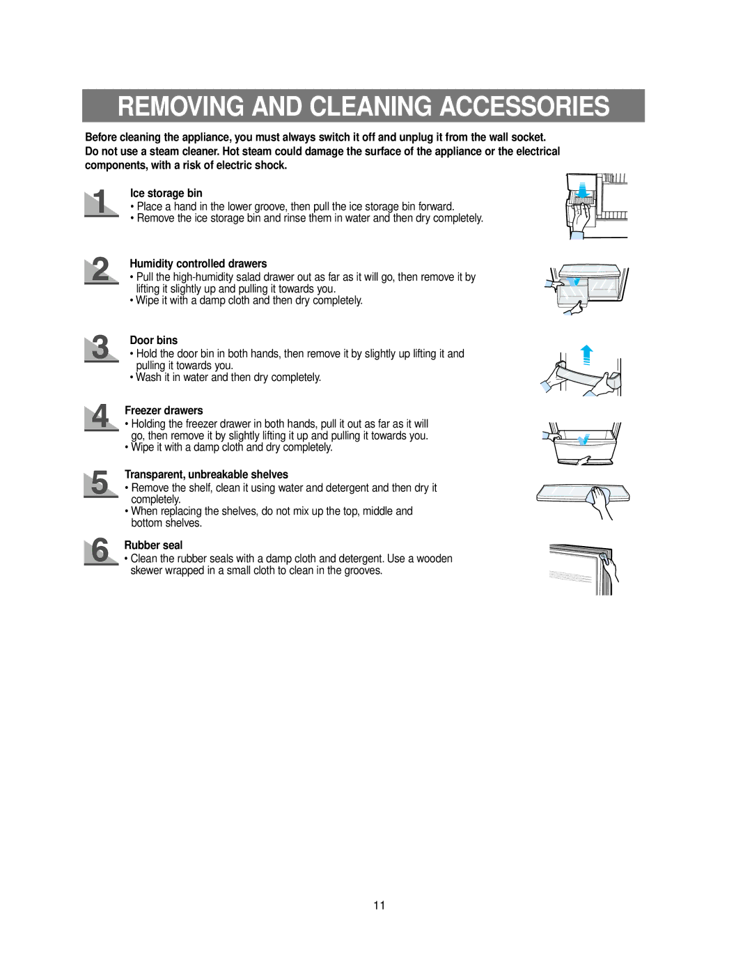 Samsung RB215BSSW owner manual Removing and Cleaning Accessories, Door bins, Freezer drawers, Rubber seal 