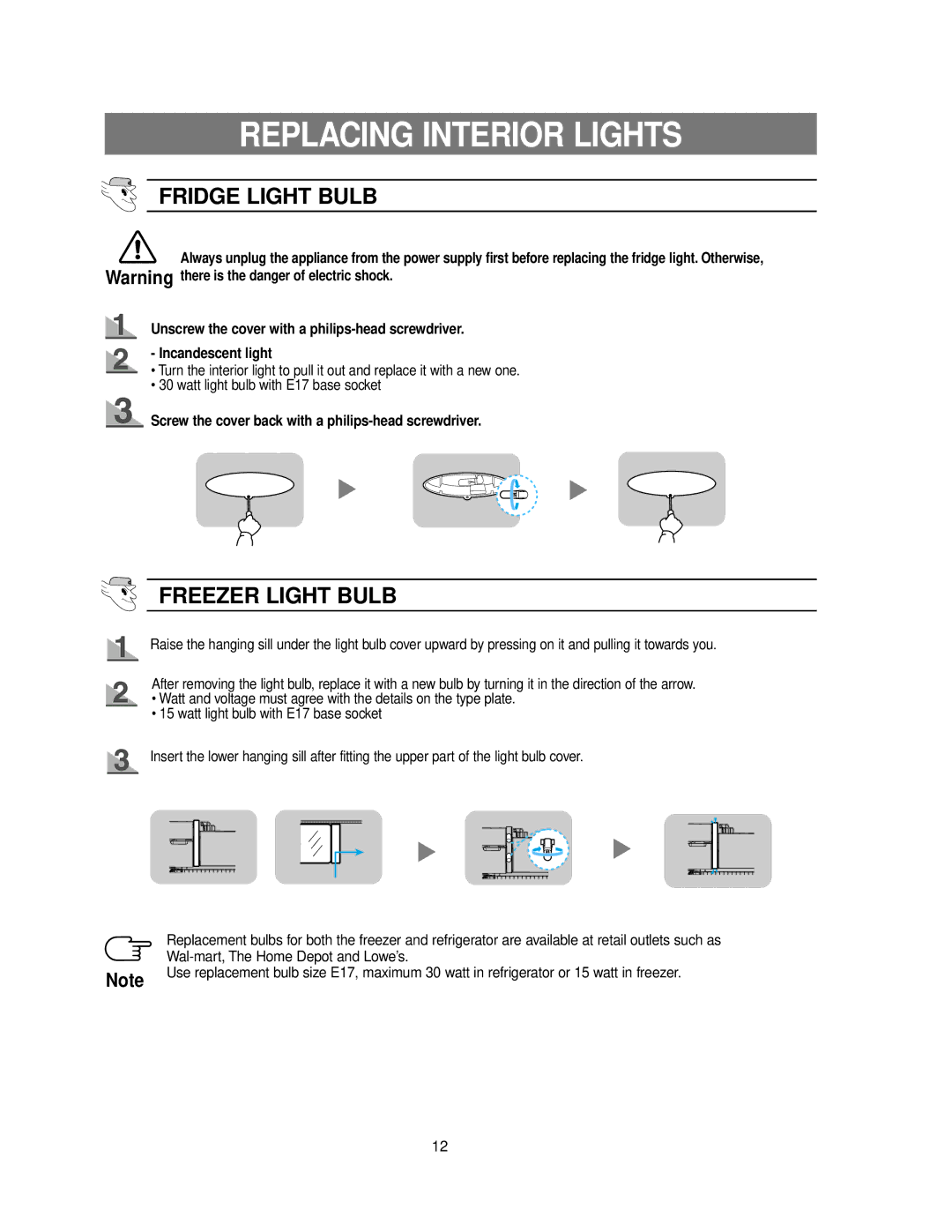 Samsung RB215BSSW owner manual Replacing Interior Lights, Screw the cover back with a philips-head screwdriver 