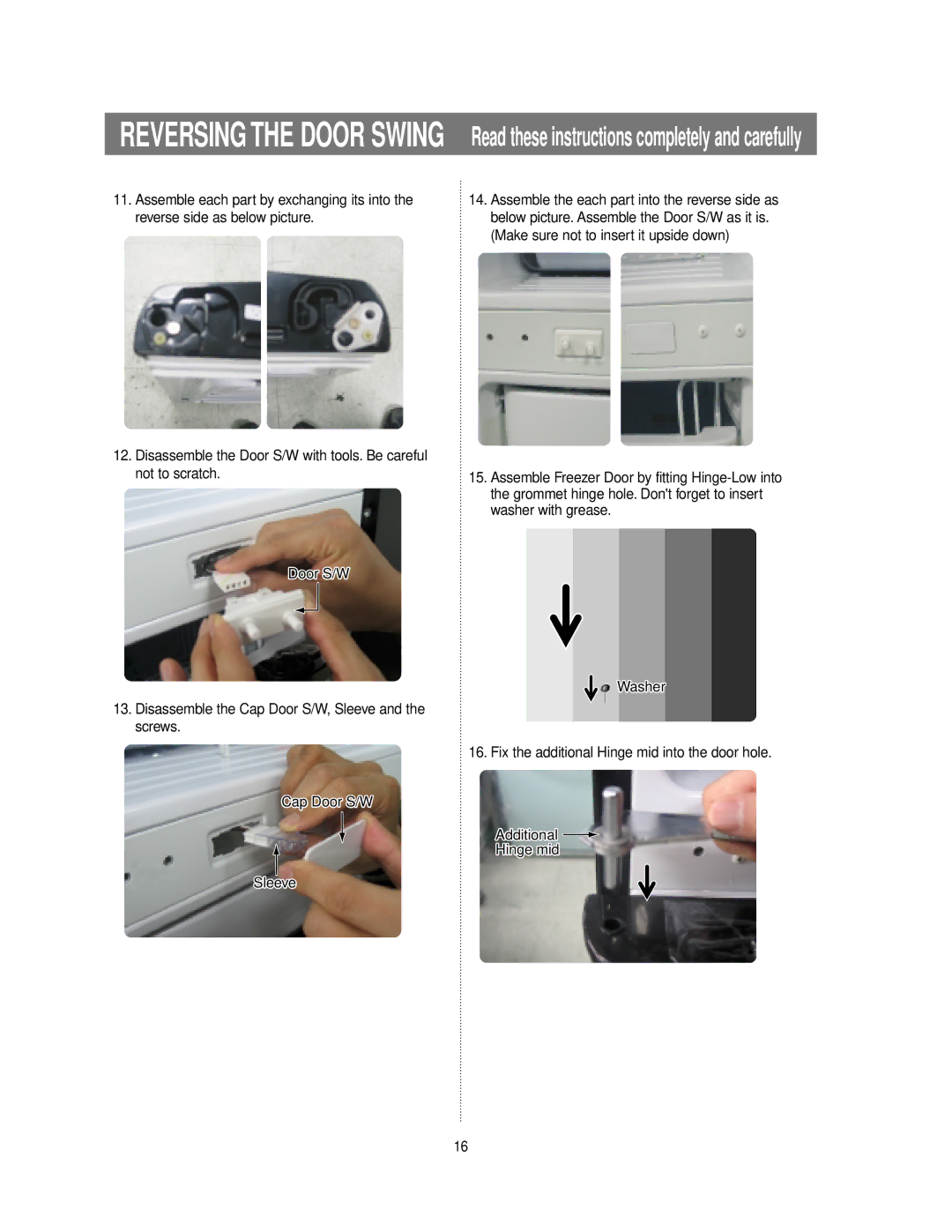 Samsung RB215BSSW Disassemble the Cap Door S/W, Sleeve and the screws, Fix the additional Hinge mid into the door hole 