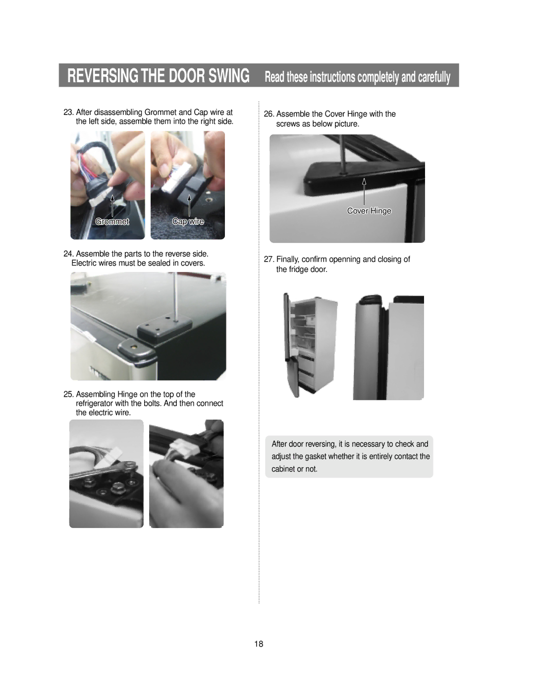 Samsung RB215BSSW owner manual Assemble the Cover Hinge with the screws as below picture 