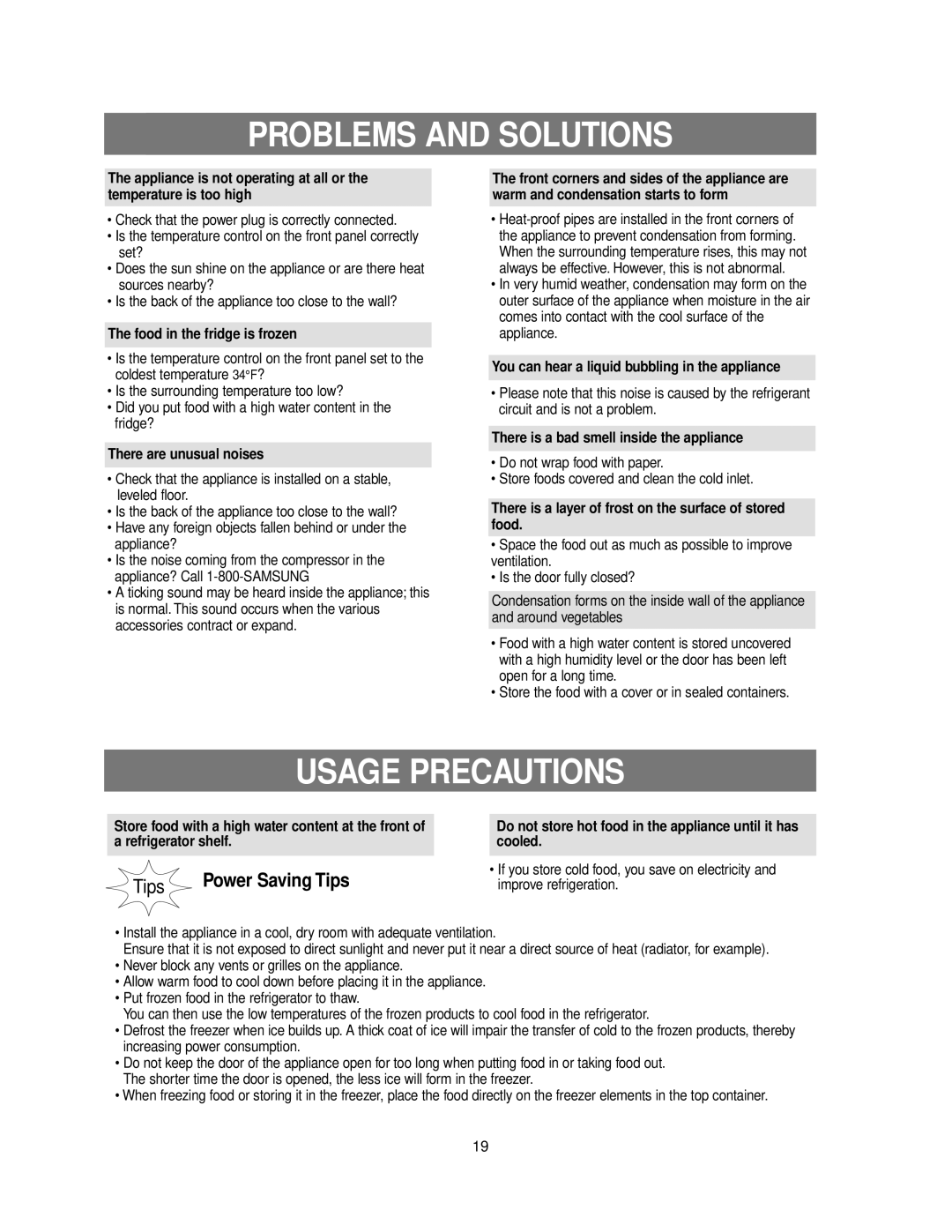 Samsung RB215BSSW owner manual Problems and Solutions, Usage Precautions 