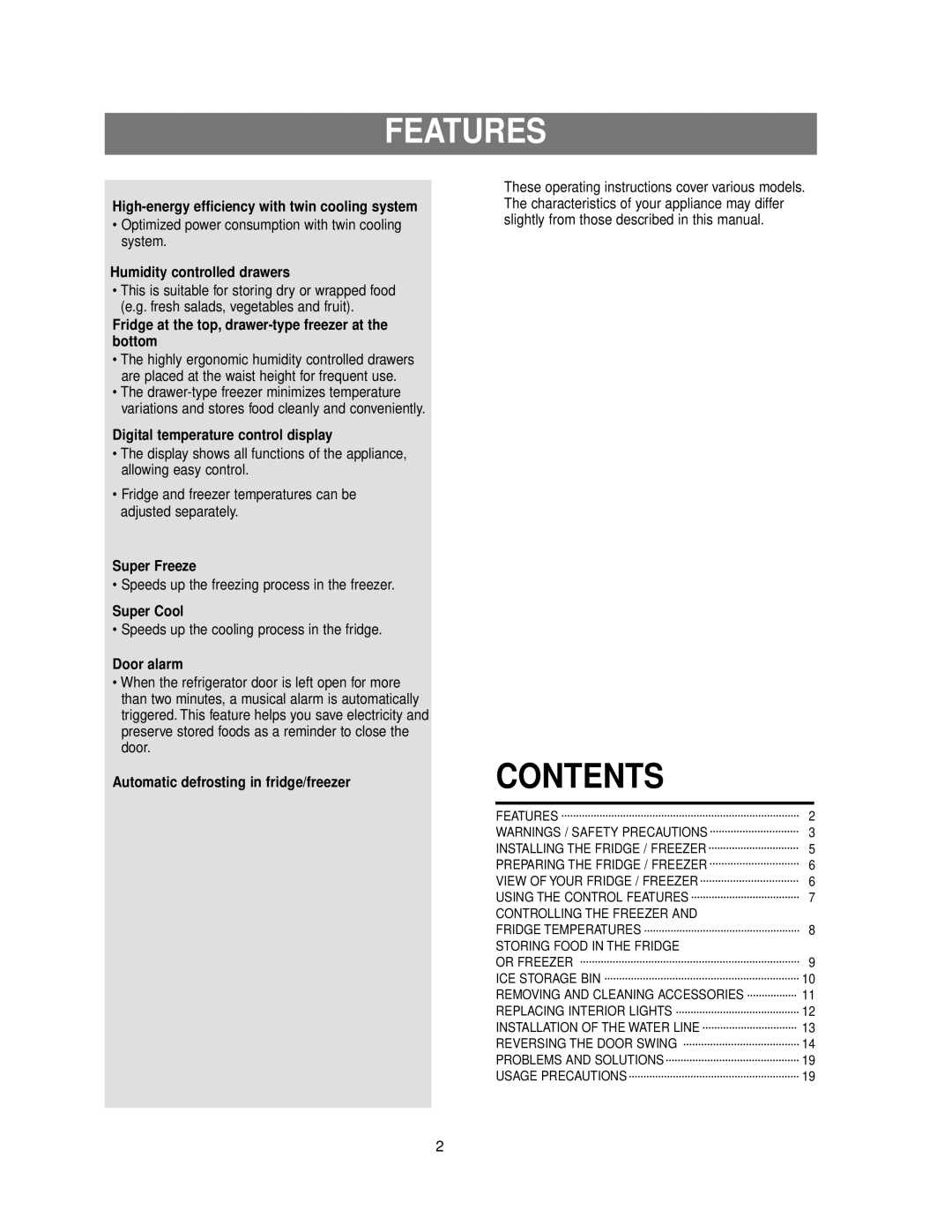 Samsung RB215BSSW owner manual Features, Contents 