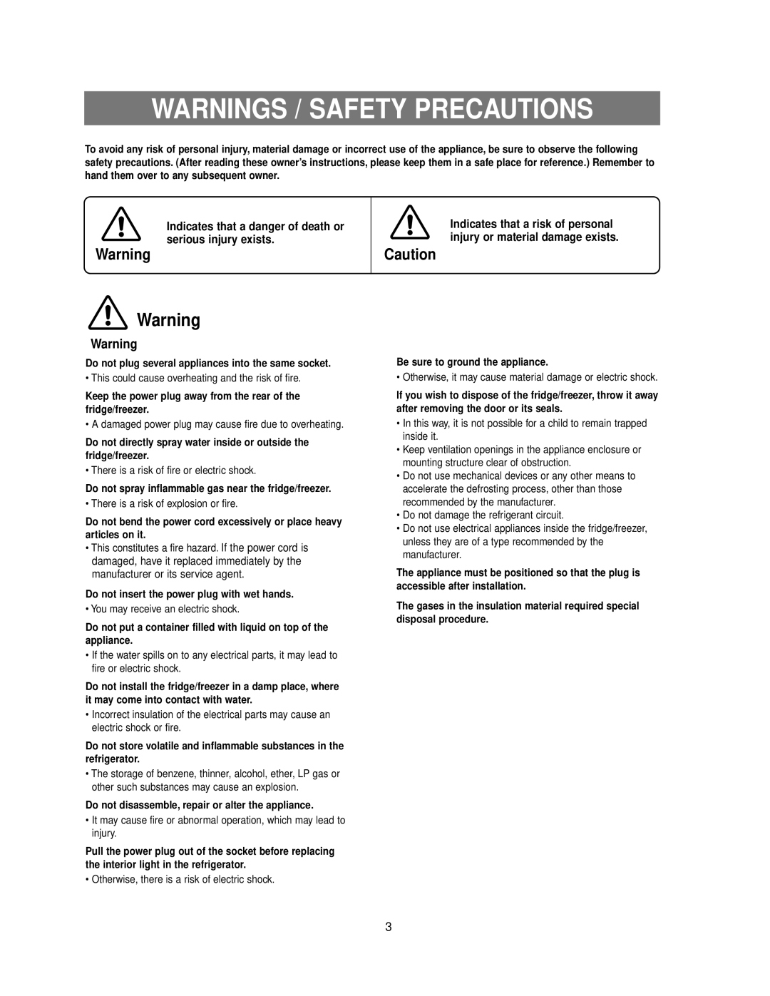 Samsung RB215BSSW owner manual Indicates that a danger of death or serious injury exists 