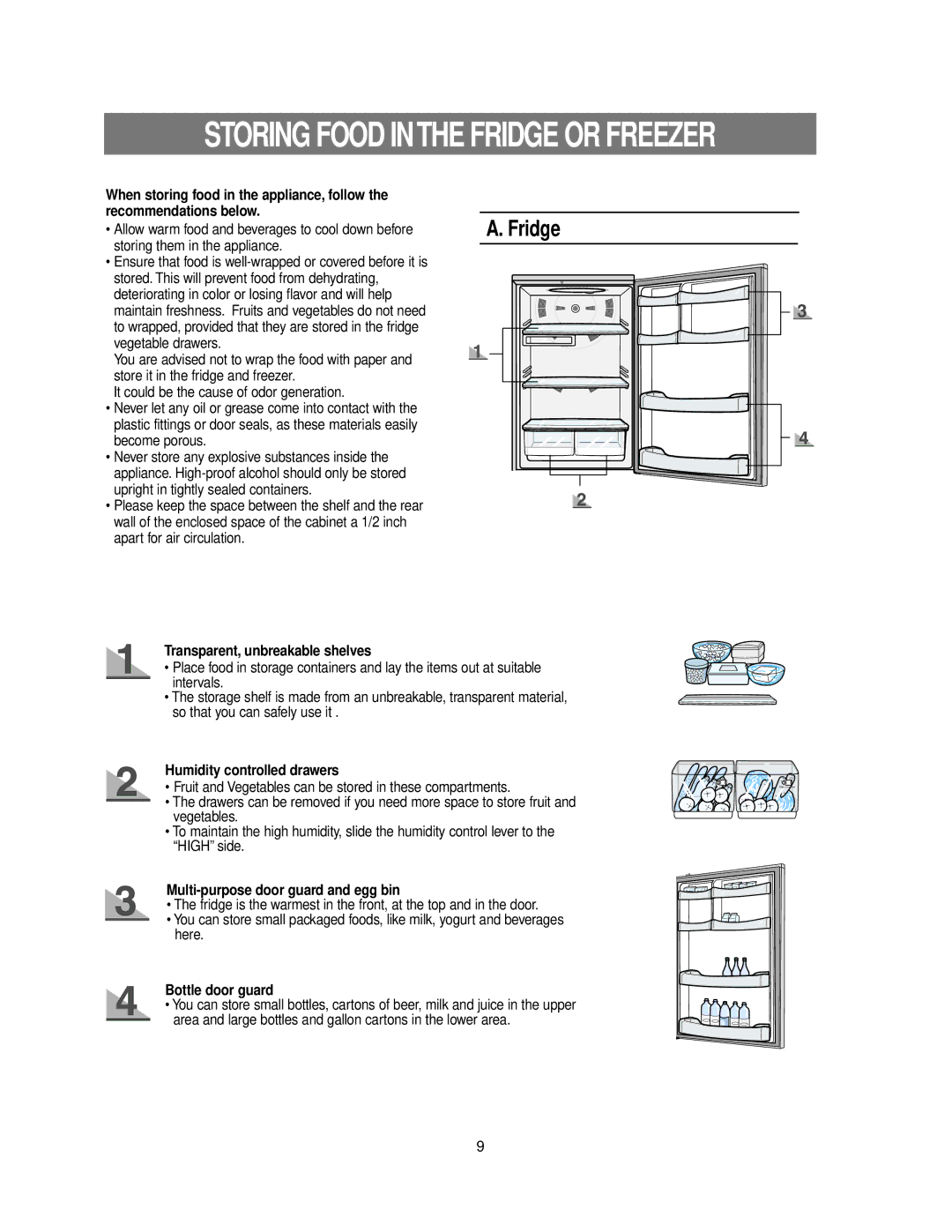 Samsung RB215BSSW owner manual Storing Food Inthe Fridge or Freezer, Transparent, unbreakable shelves, Bottle door guard 